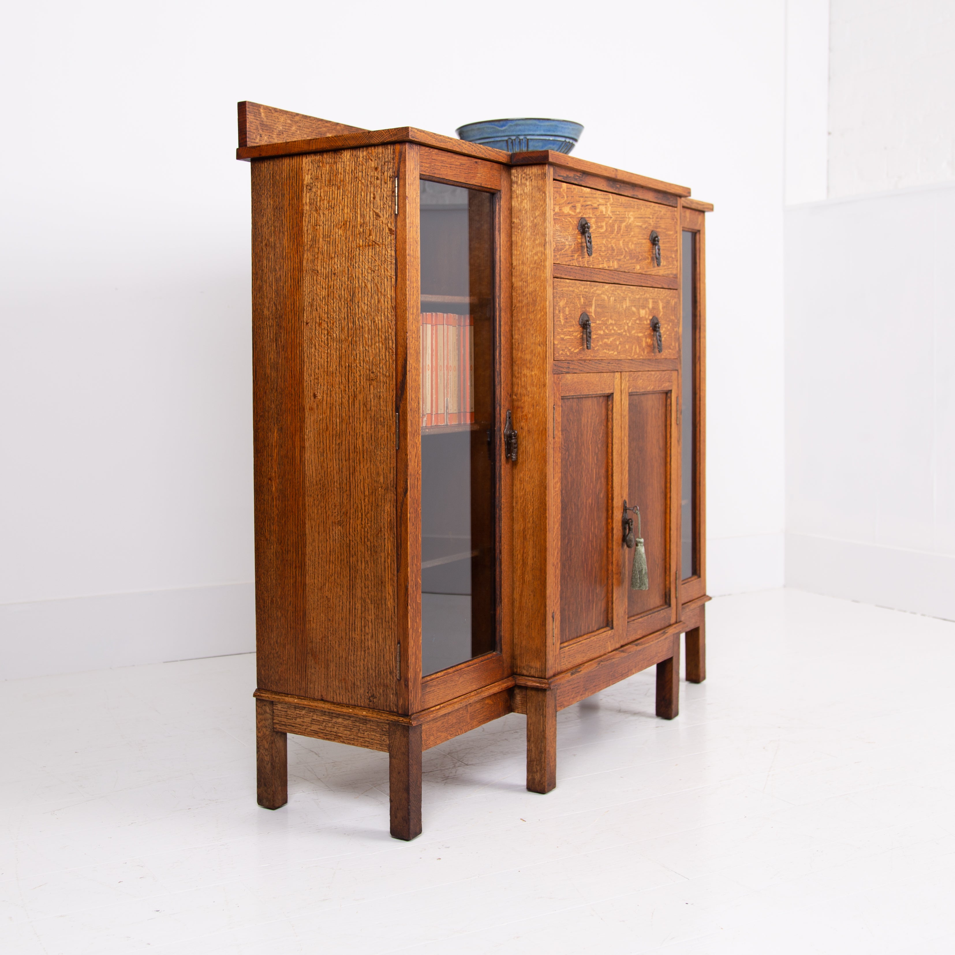Lovely English Golden Oak Glazed Cabinet Bookcase C1920s