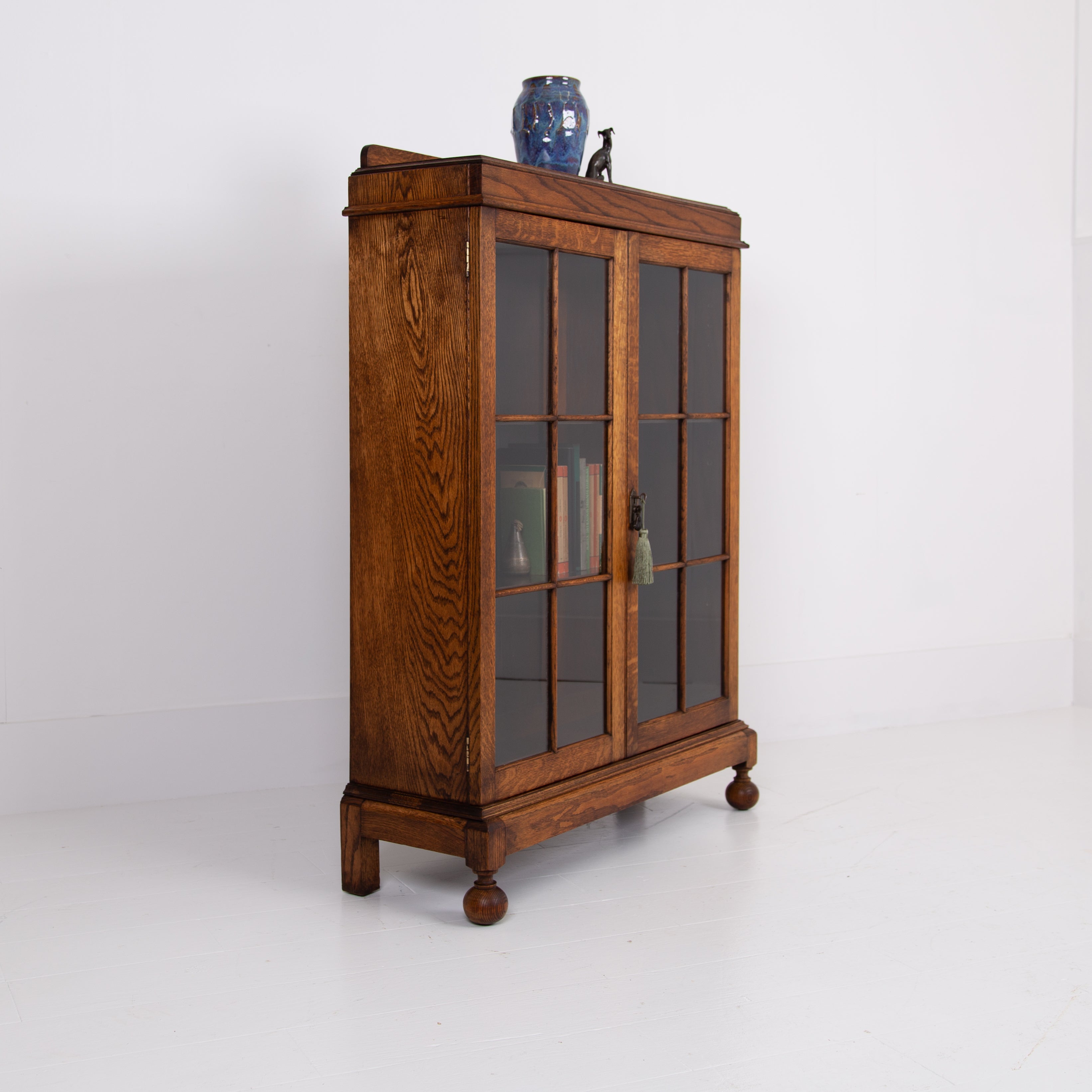 Handsome English Oak Glazed Bookcase Cabinet C1920