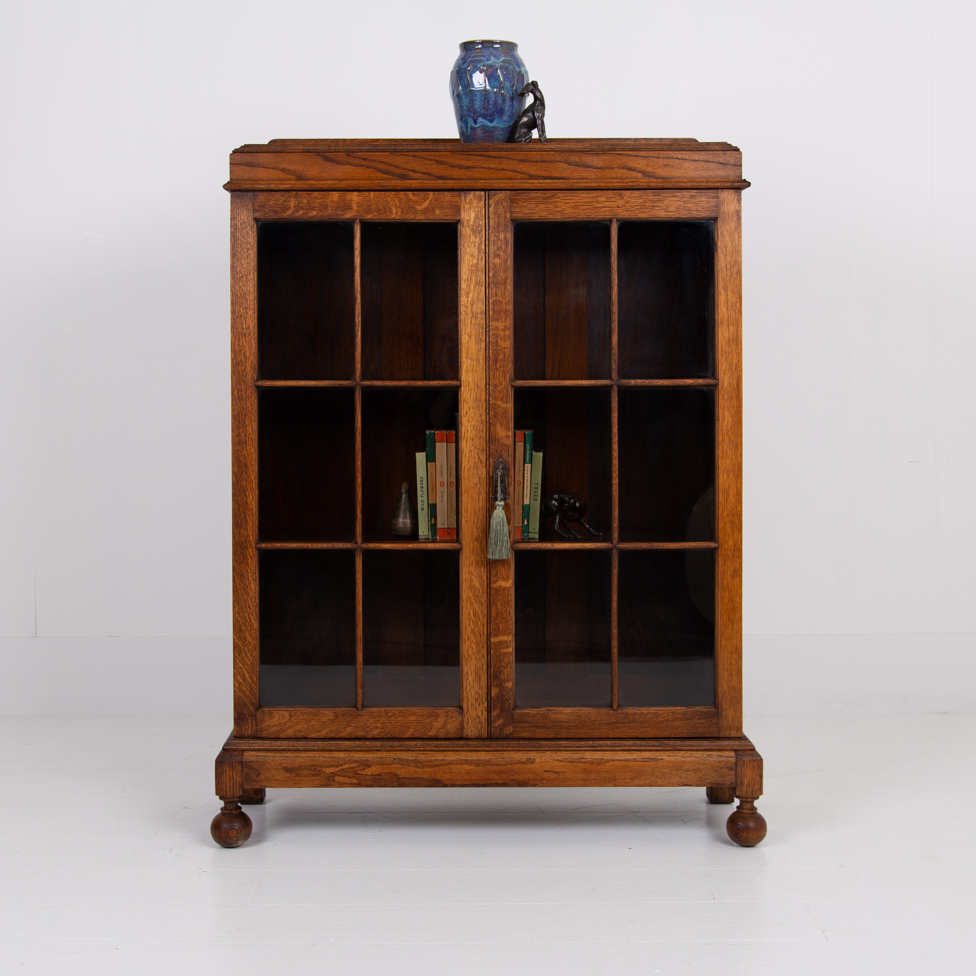 Handsome English Oak Glazed Bookcase Cabinet C1920
