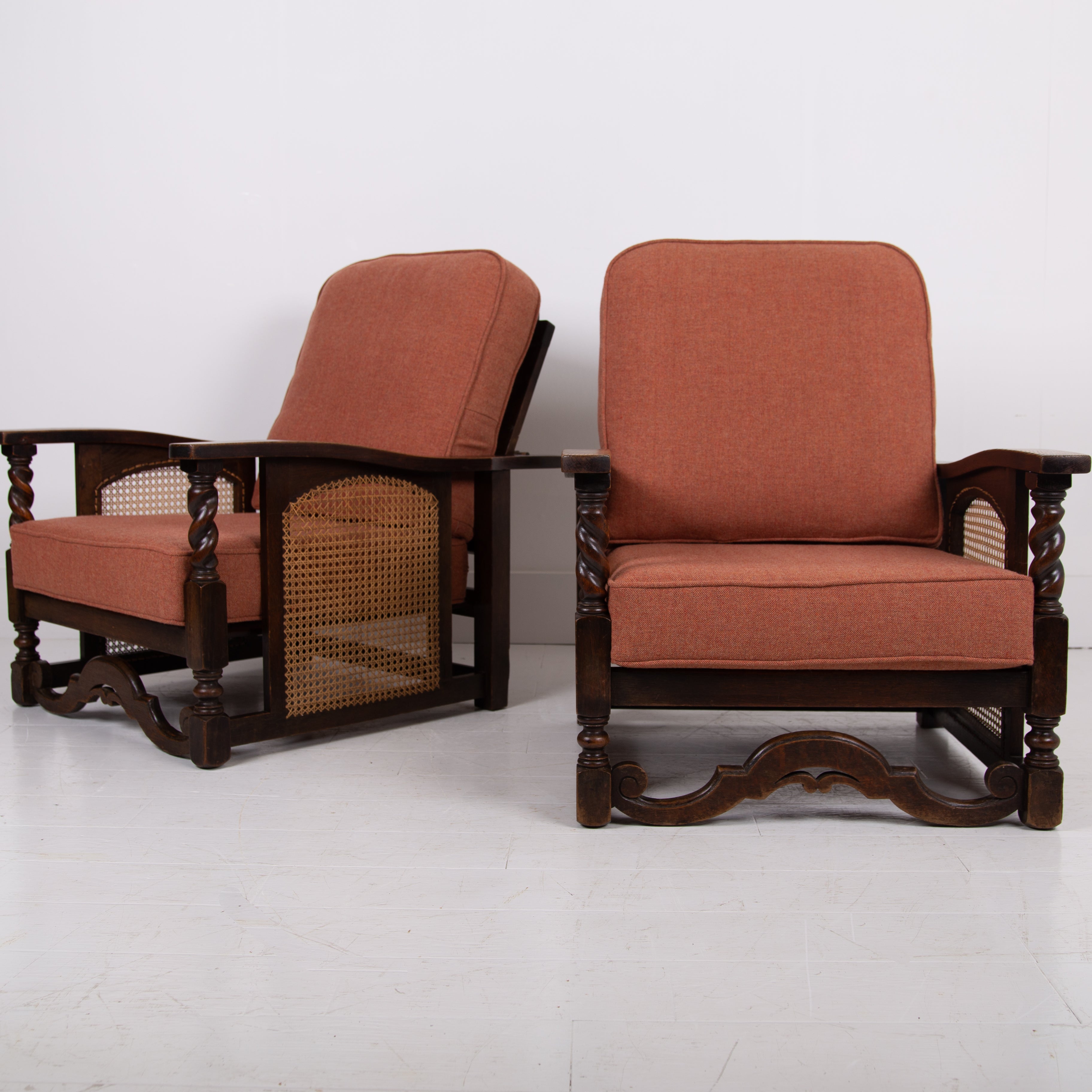 Handsome Pair of Oak Framed Armchairs New Cushions C1920