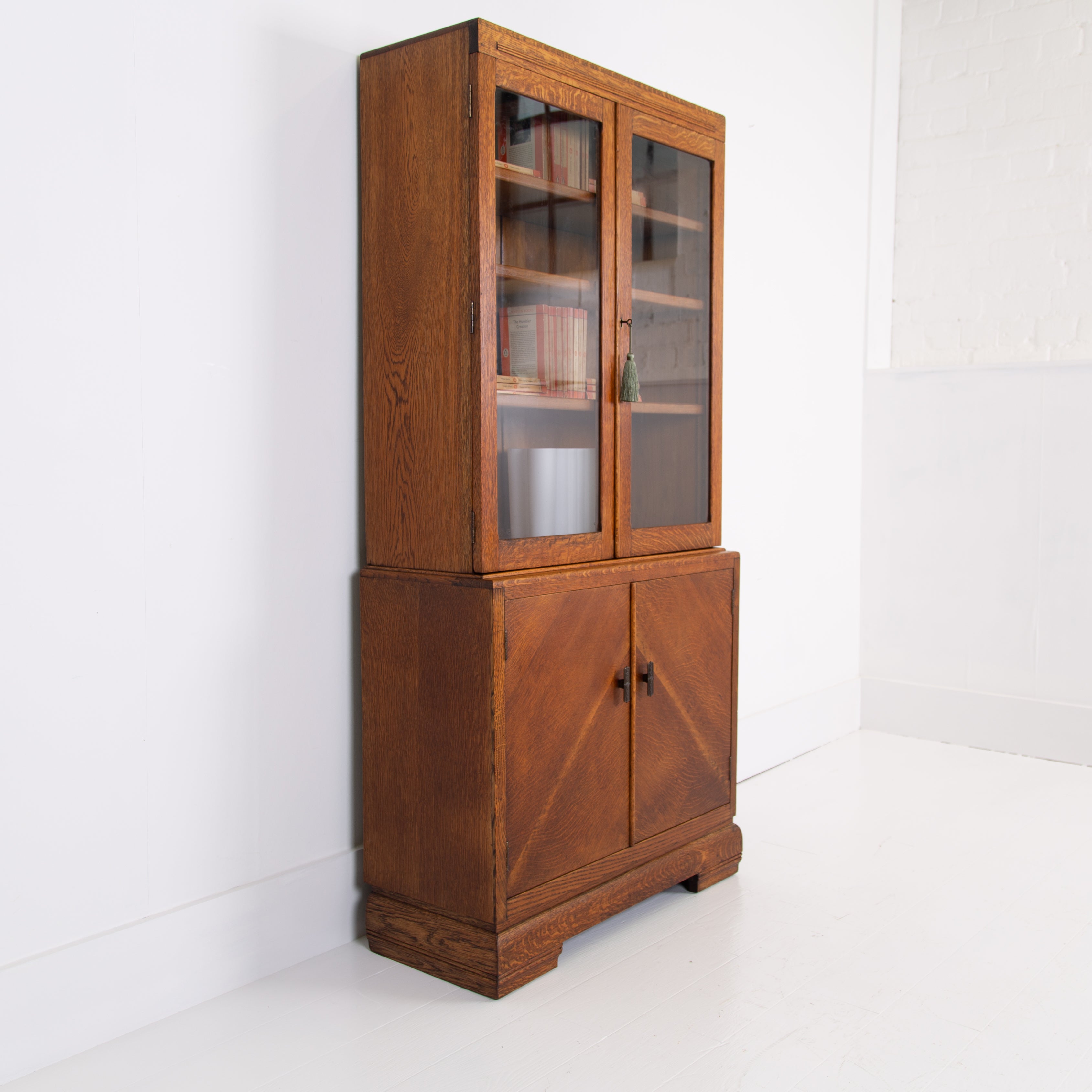 Handsome Oak Art Deco Glazed Bookcase Cabinet C1930