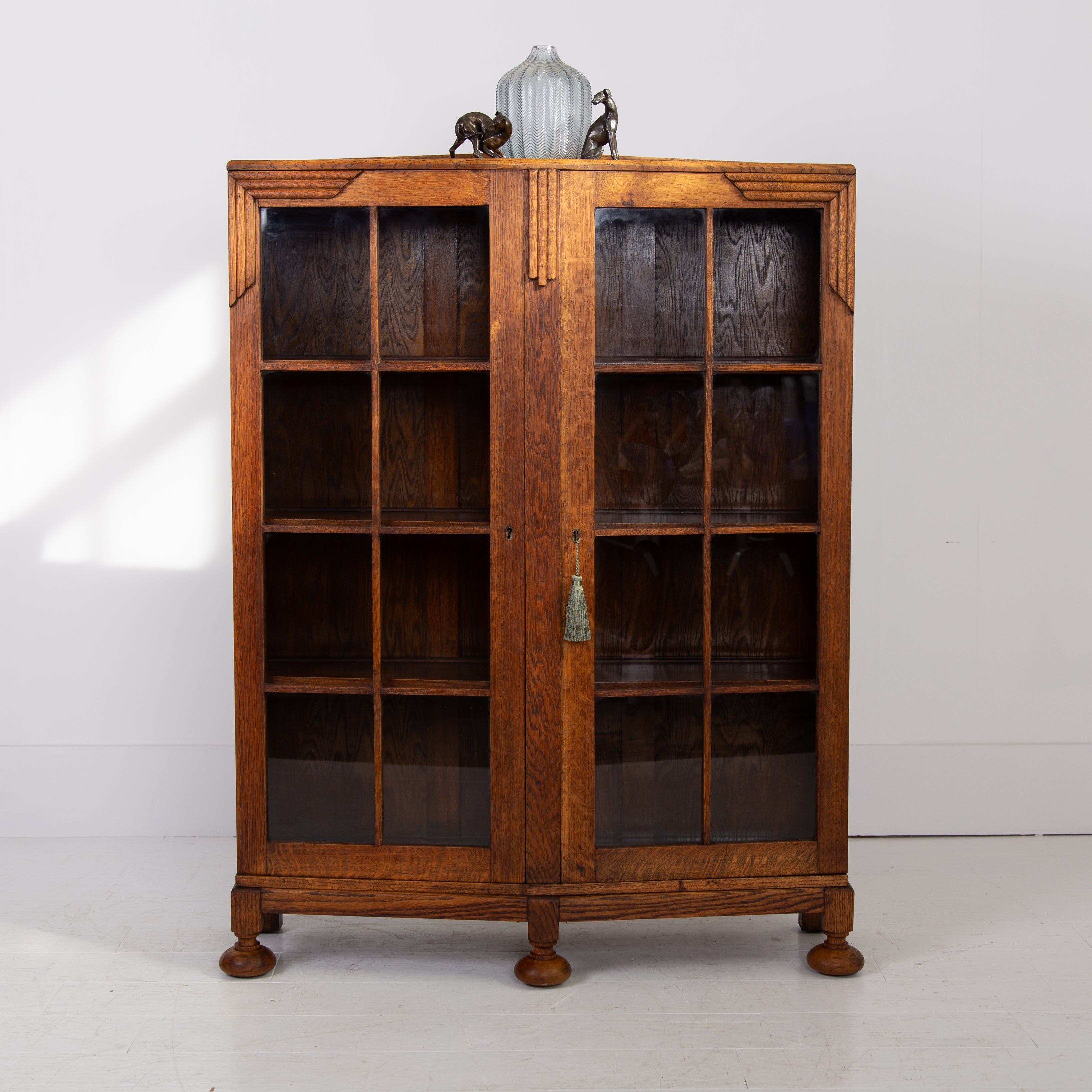 A Solid English Oak Glazed Bookcase Cabinet C1930