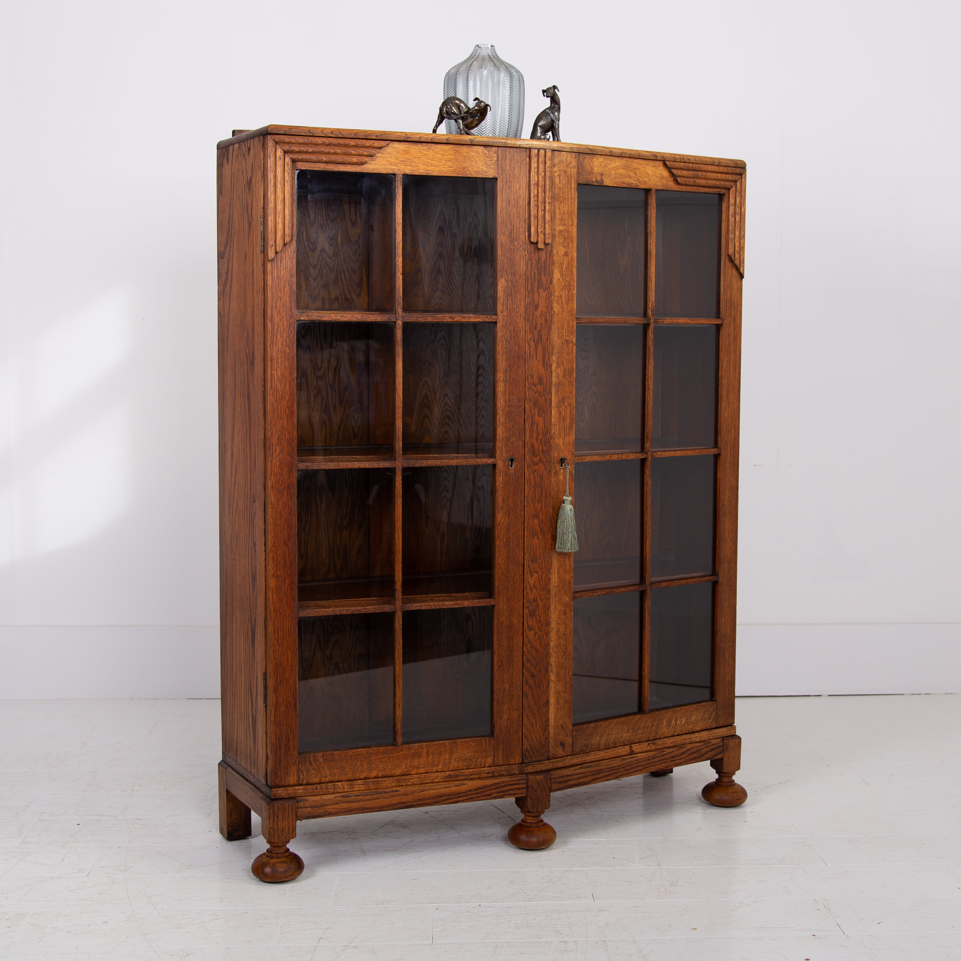 A Solid English Oak Glazed Bookcase Cabinet C1930