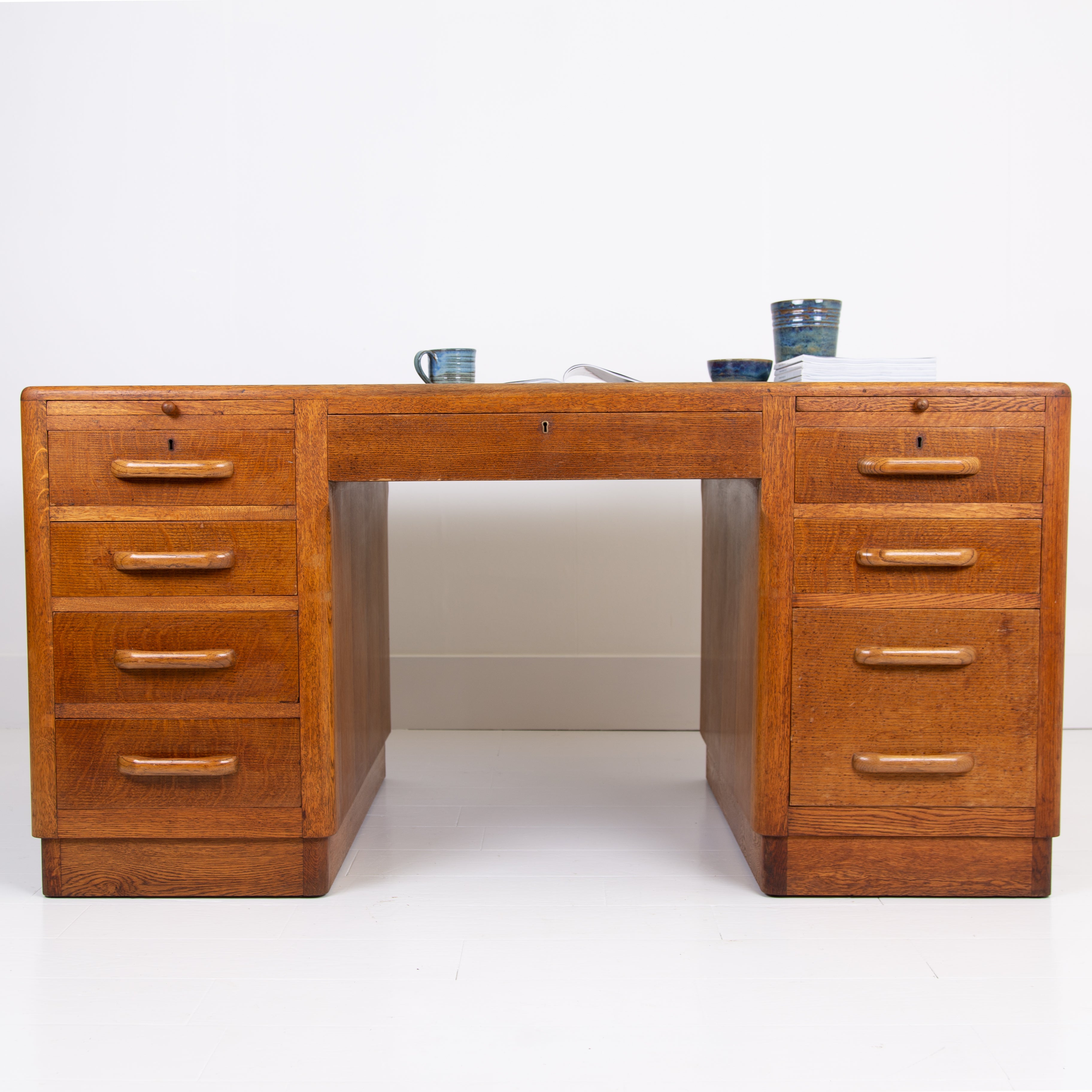 Good Looking Large Oak Deco Period Twin Pedestal Desk