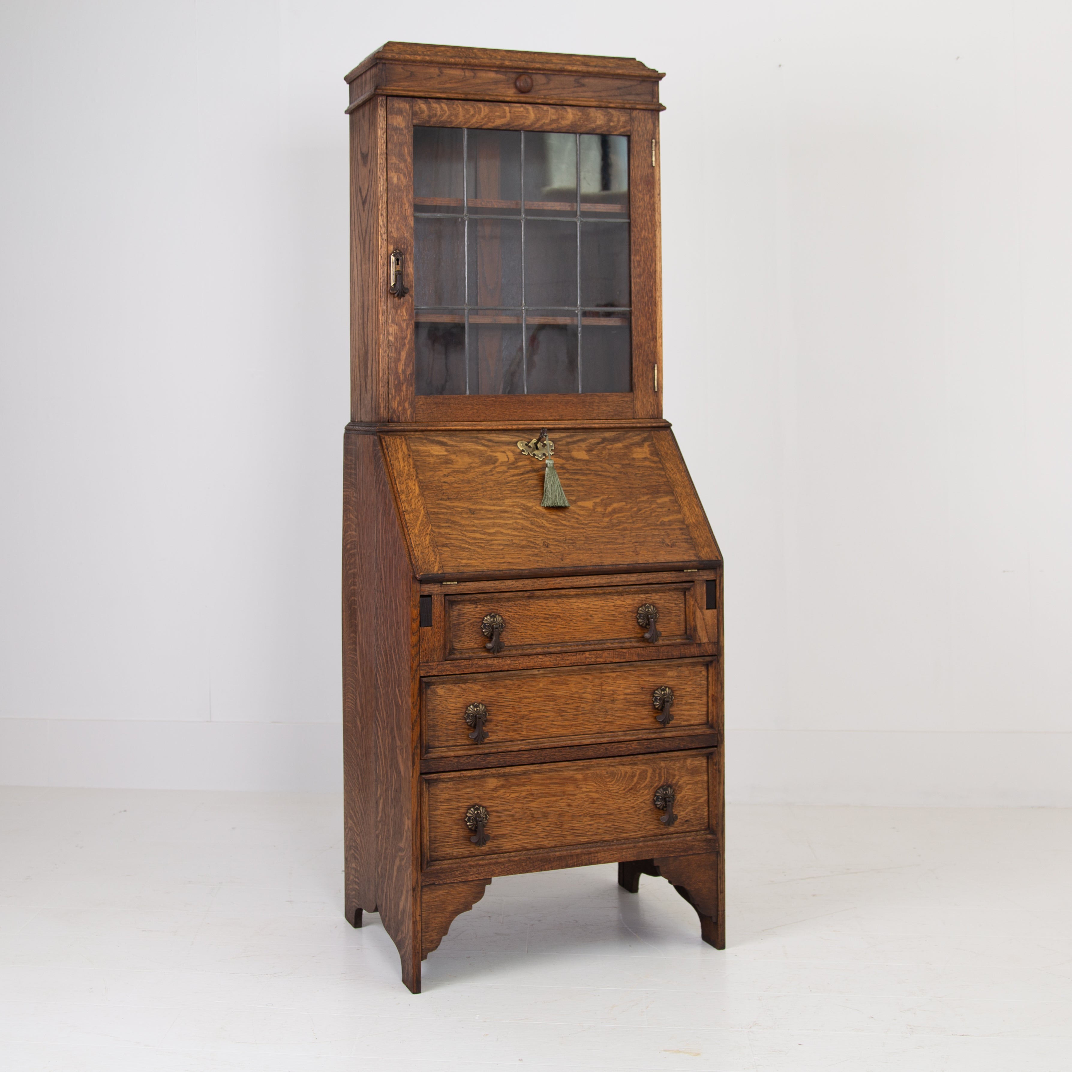Delightful Glazed Oak Bookcase Bureau With Drawers C1920