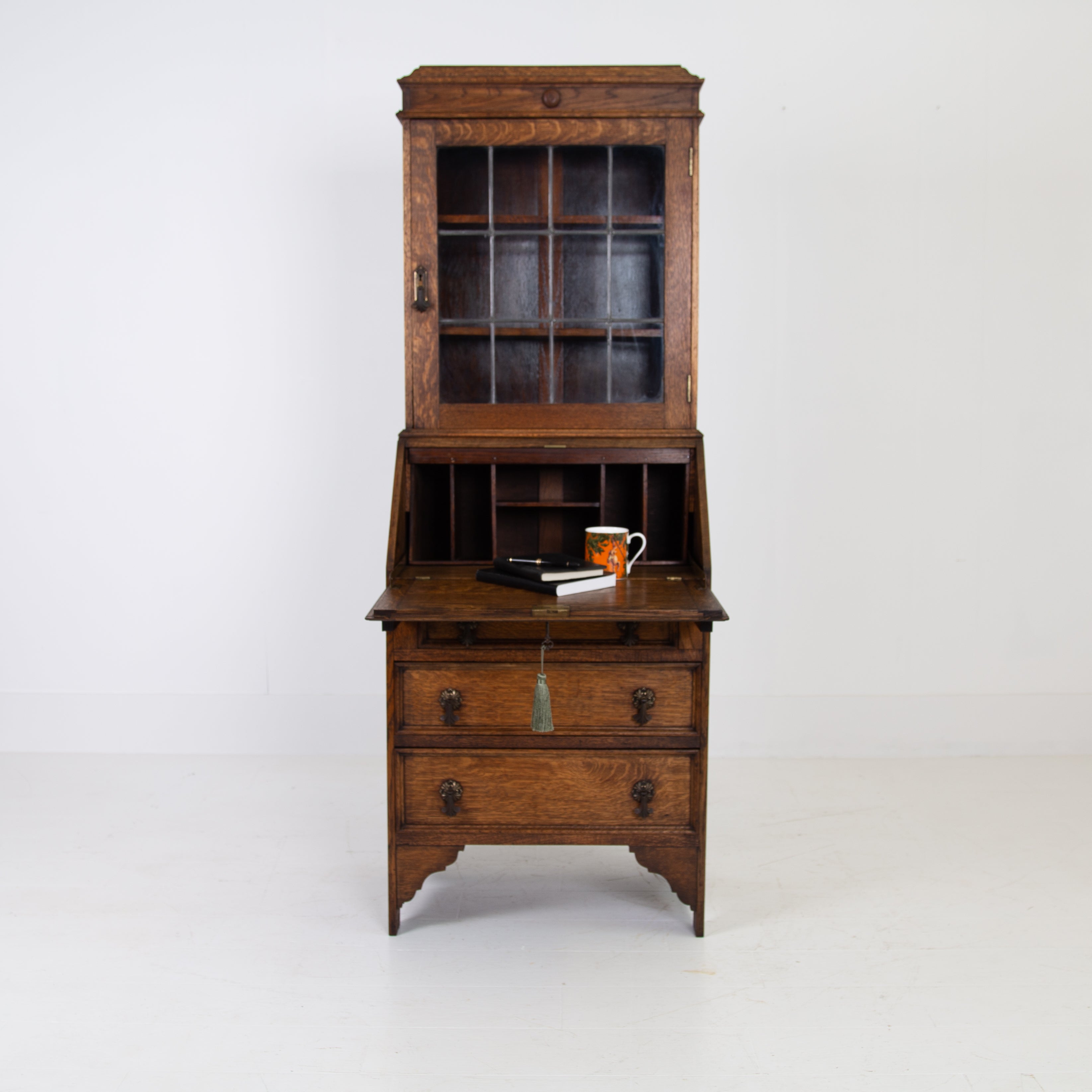 Delightful Glazed Oak Bookcase Bureau With Drawers C1920