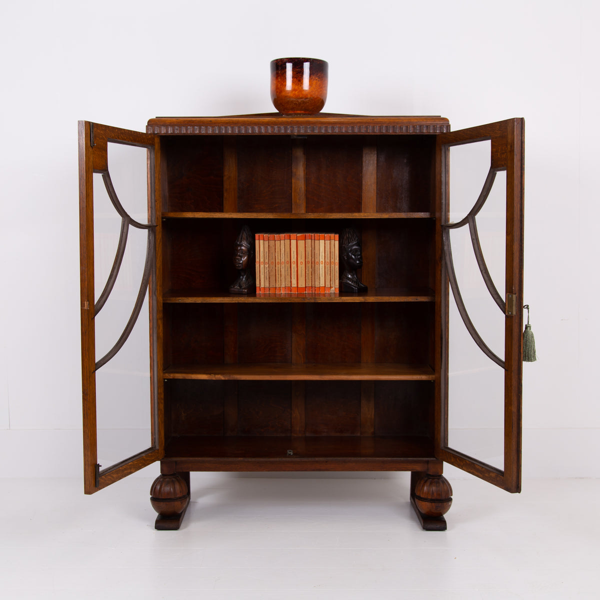 Oak Art Deco Glazed Bookcase Cabinet 1930s