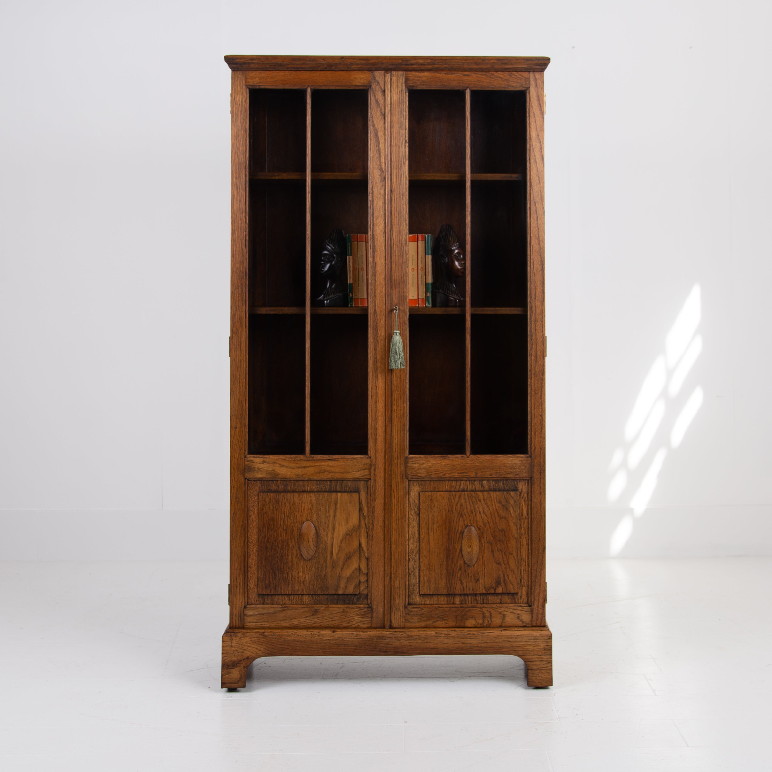 Solid English Oak Glazed Bookcase Cabinet C1930