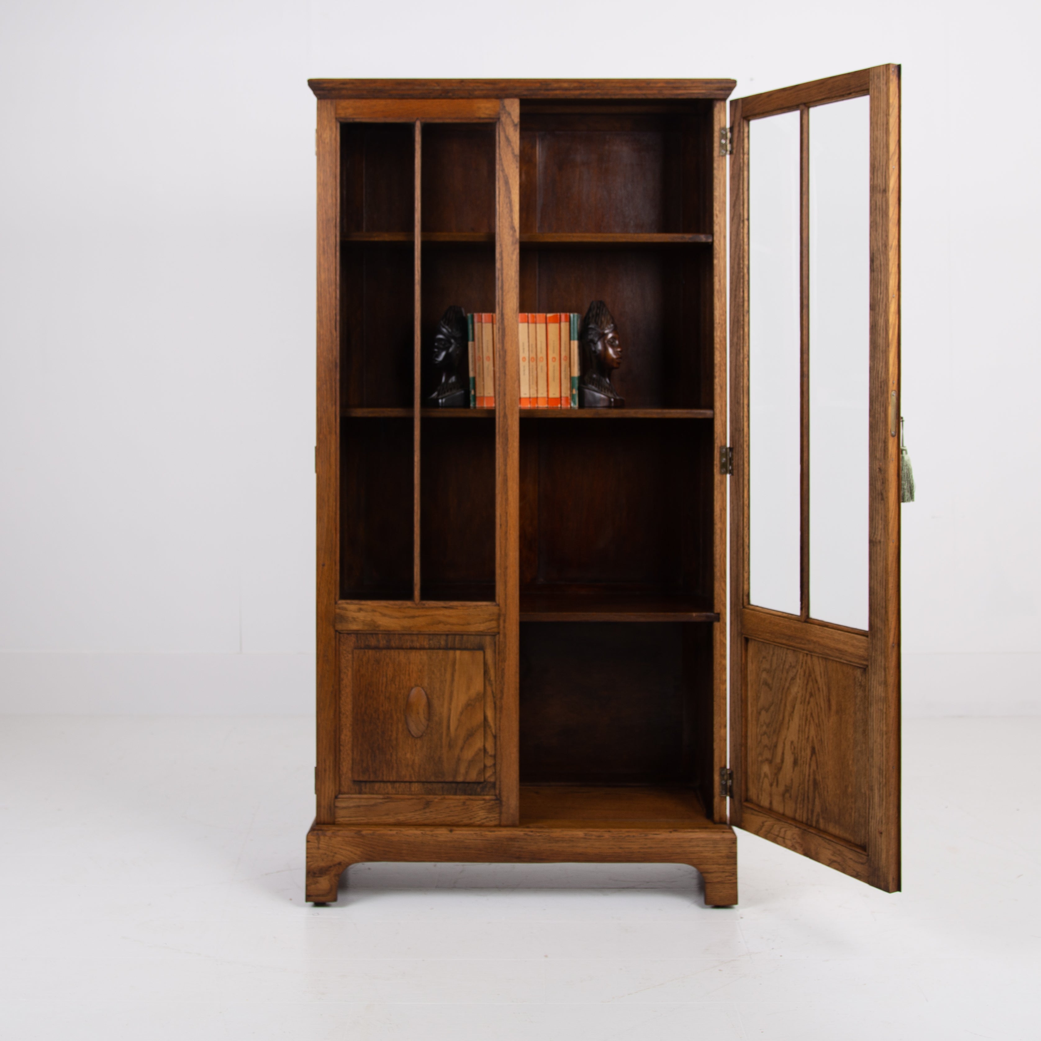 Solid English Oak Glazed Bookcase Cabinet C1930