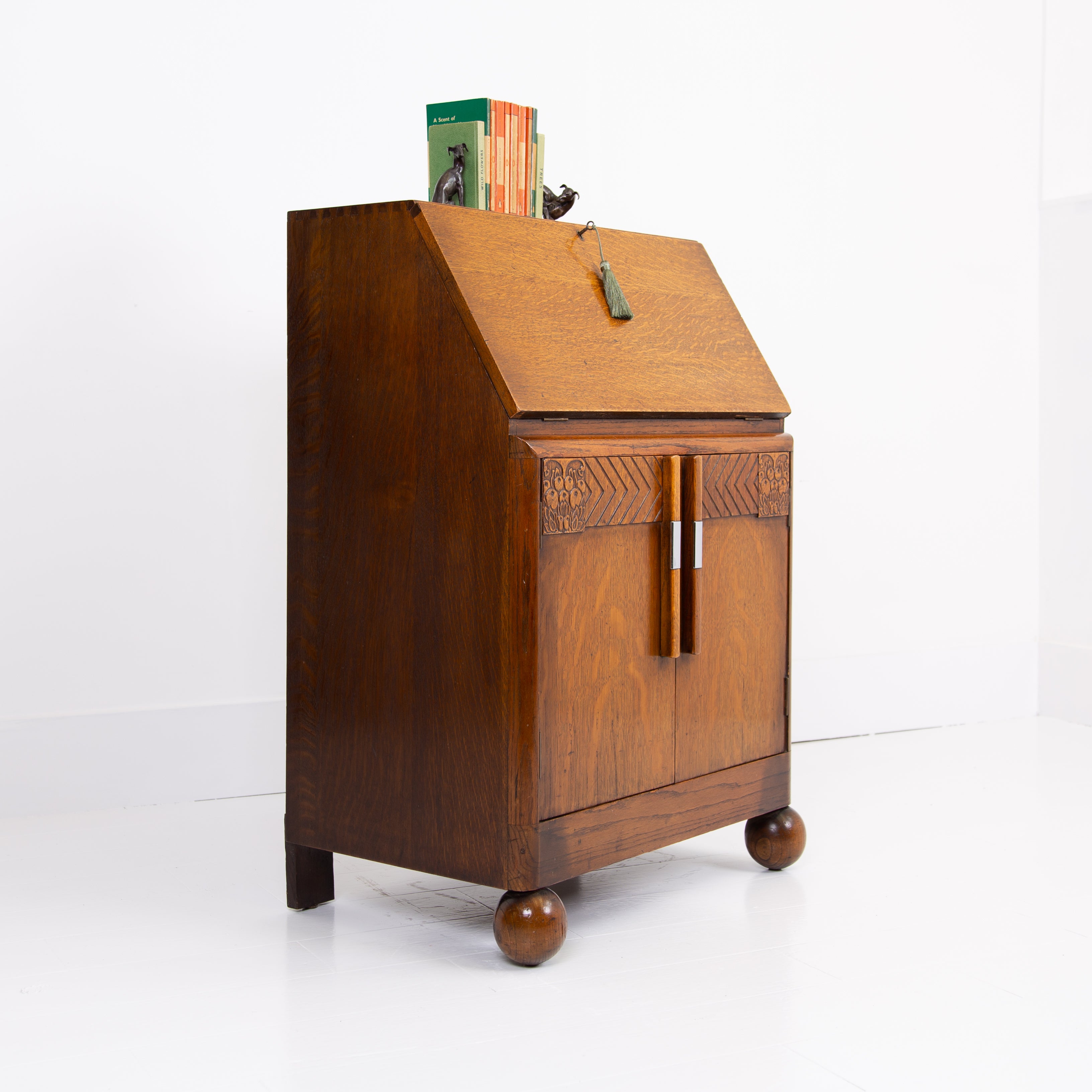 Lovely Art Deco Oak Bureau With Storage C1930