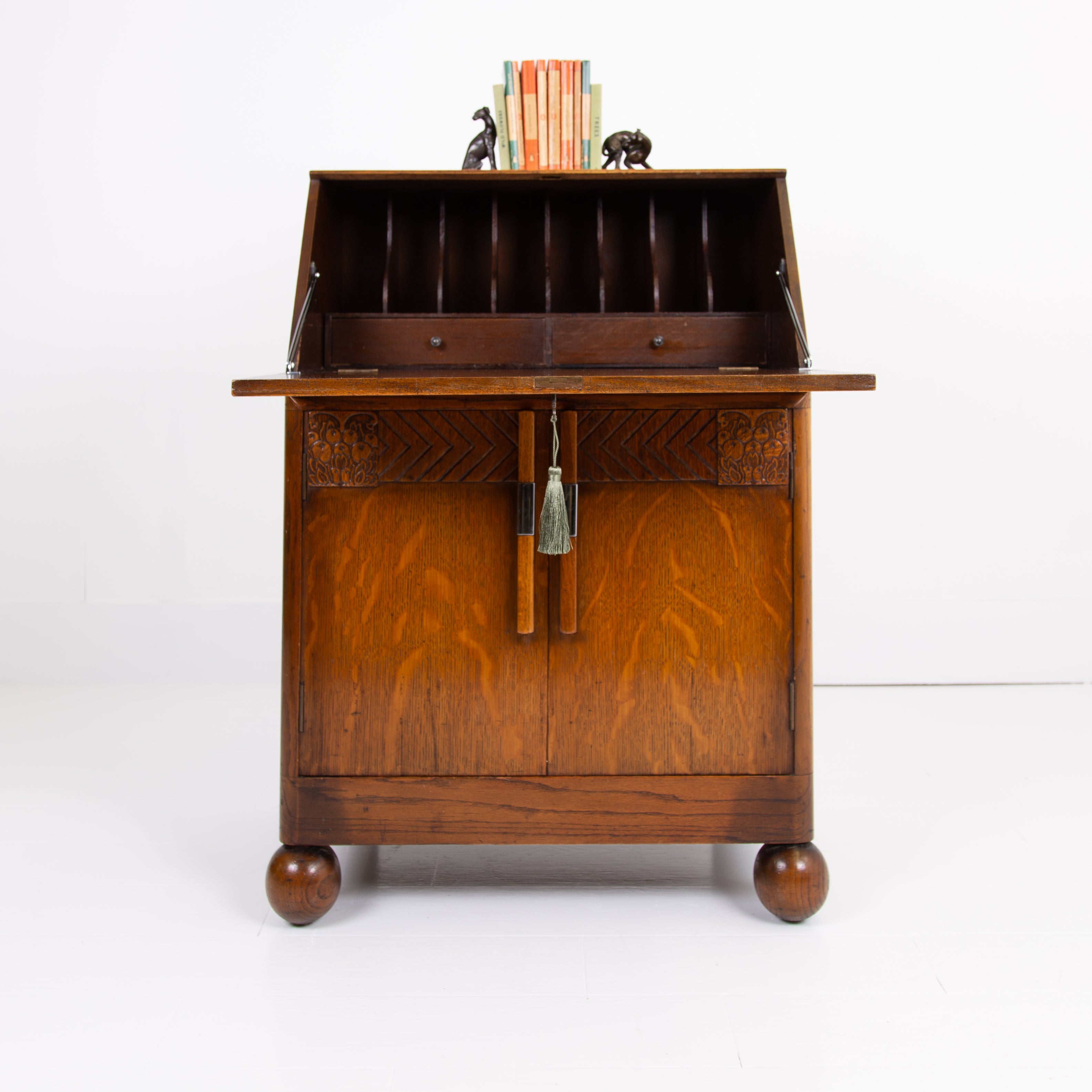 Lovely Art Deco Oak Bureau With Storage C1930