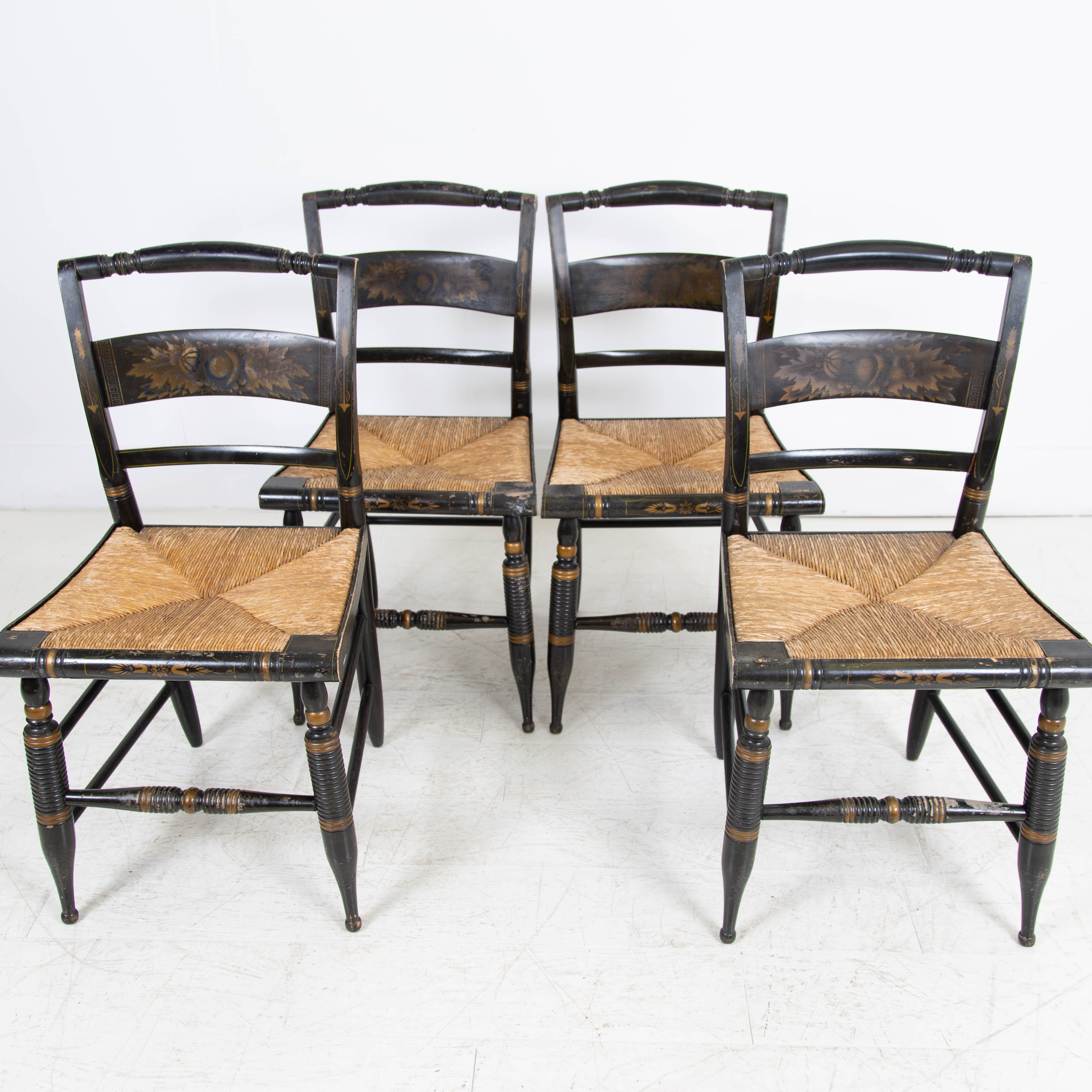 Set of 4 19th Century Black Painted Lambert Hitchcock Side Dining Chairs