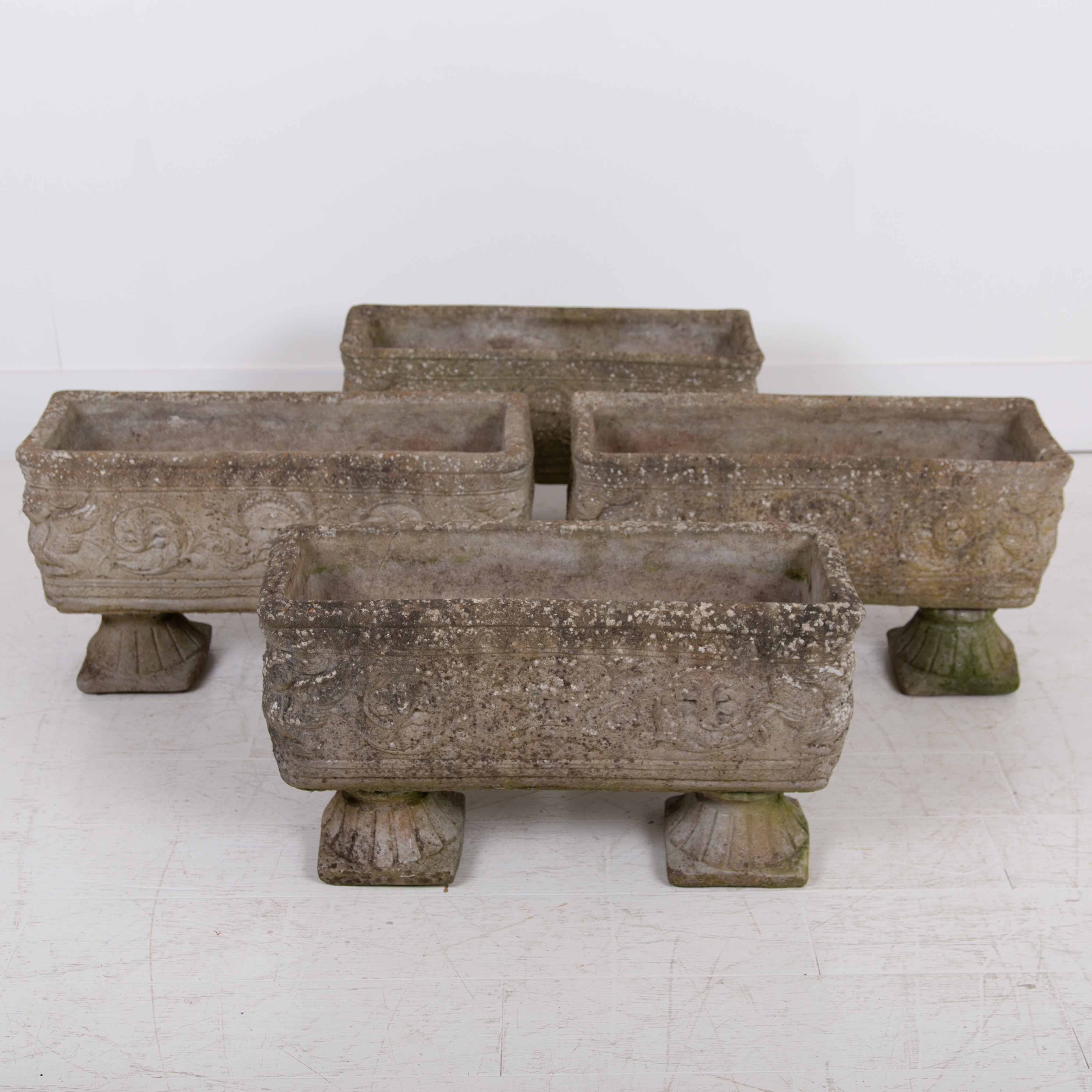 Set Of 4 Weathered Mid Century Stone Garden Planters on Legs