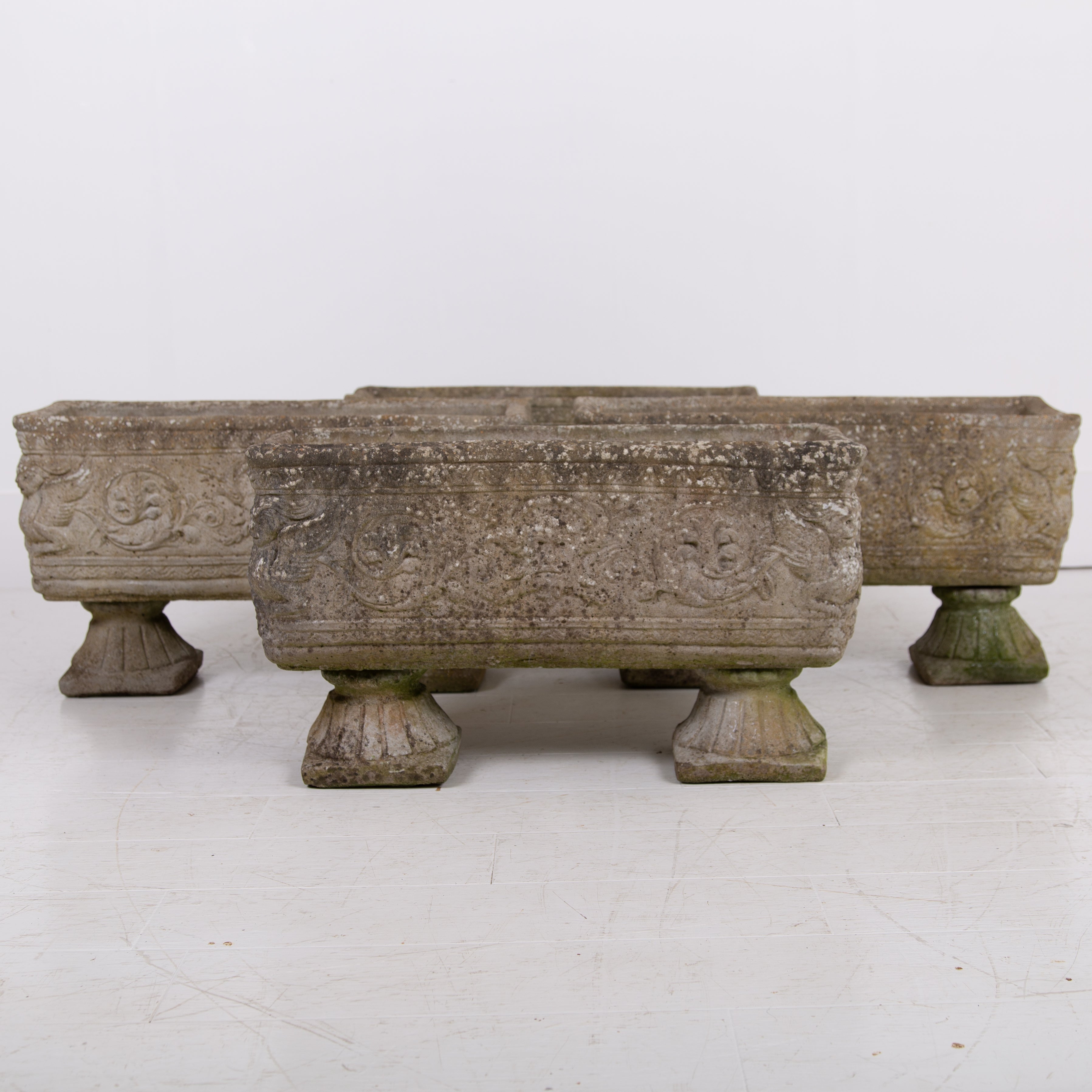 Set Of 4 Weathered Mid Century Stone Garden Planters on Legs