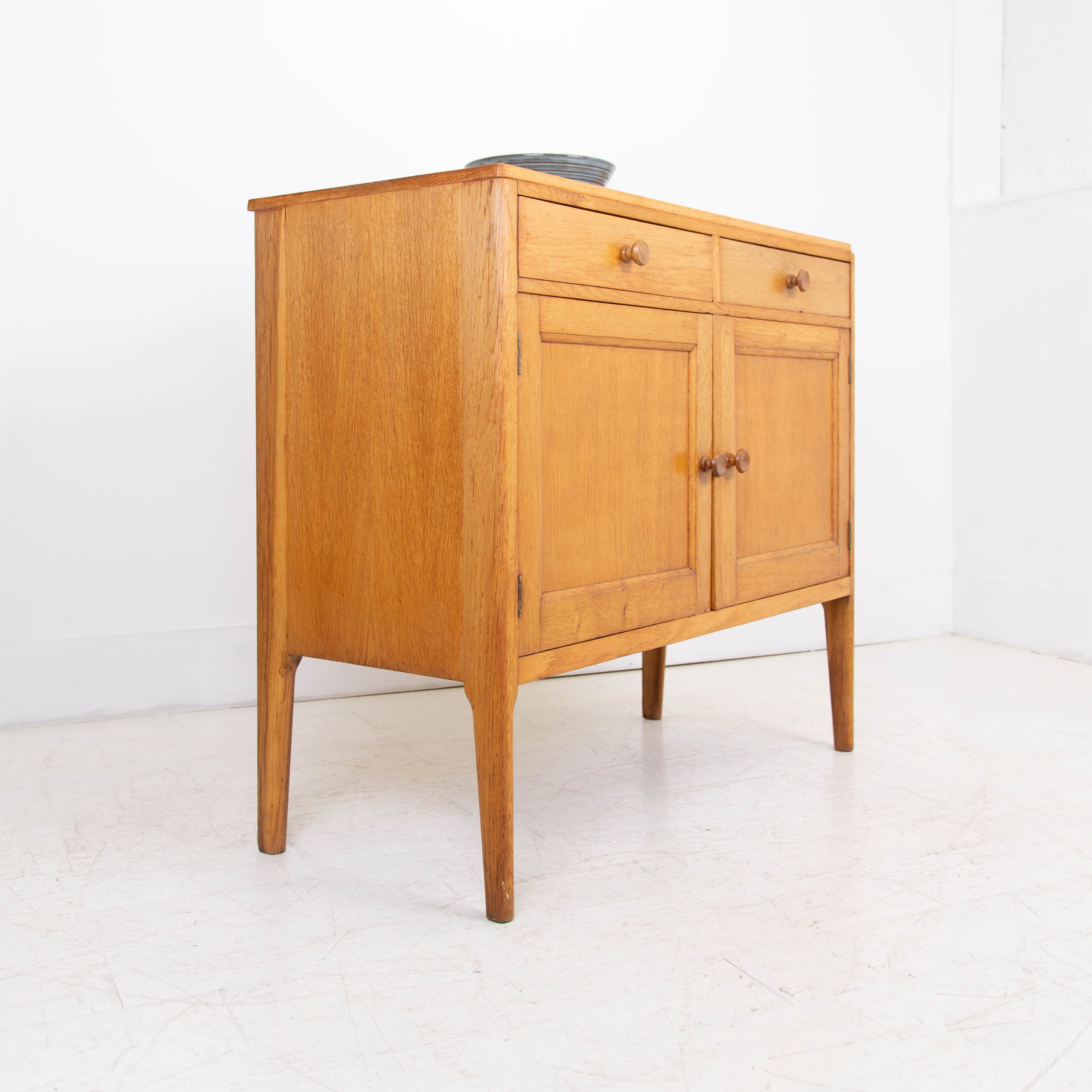 Handsome English Light Oak Smaller 2 Drawer Cabinet Sideboard C1940s