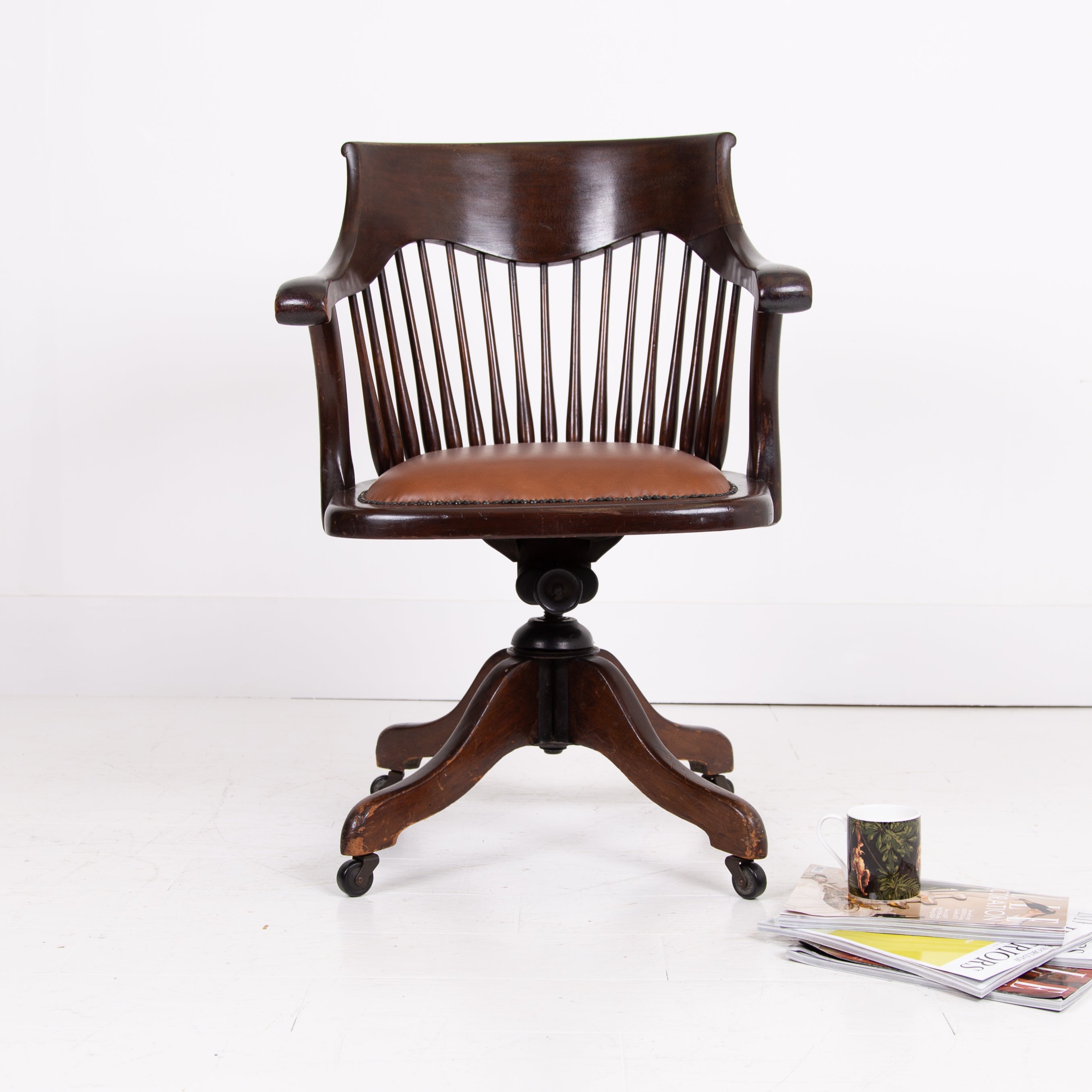 Antique Swivel Desk Chair New Leather Seat C1910 by Angus London