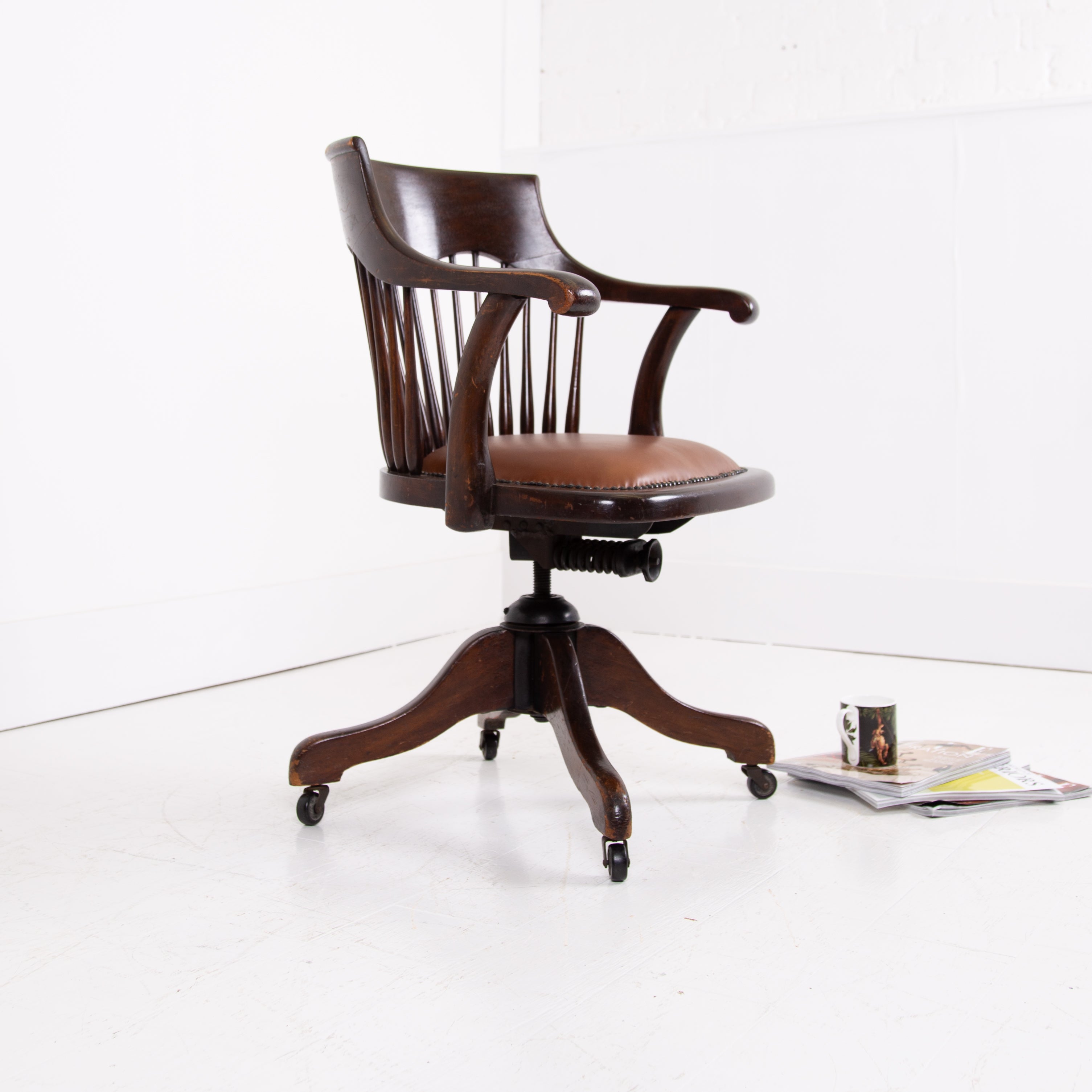 Antique Swivel Desk Chair New Leather Seat C1910 by Angus London