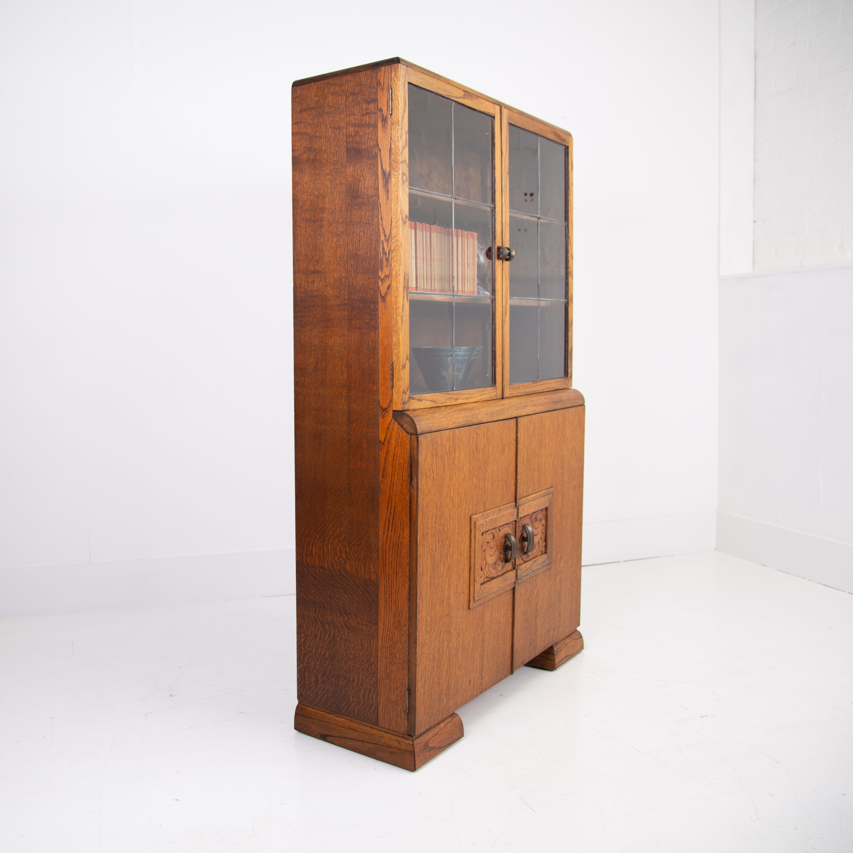 1930s Oak Art Deco Part Glazed Cabinet Bookcase