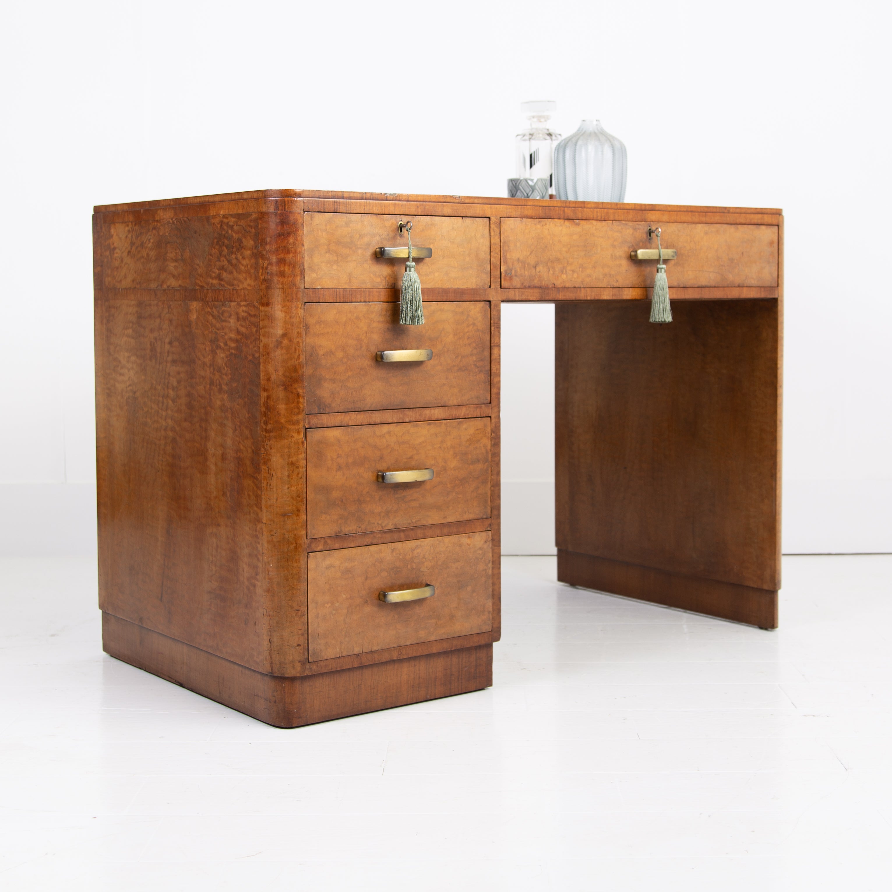 1930s Art Deco Walnut Leather Top 5 Drawer Desk