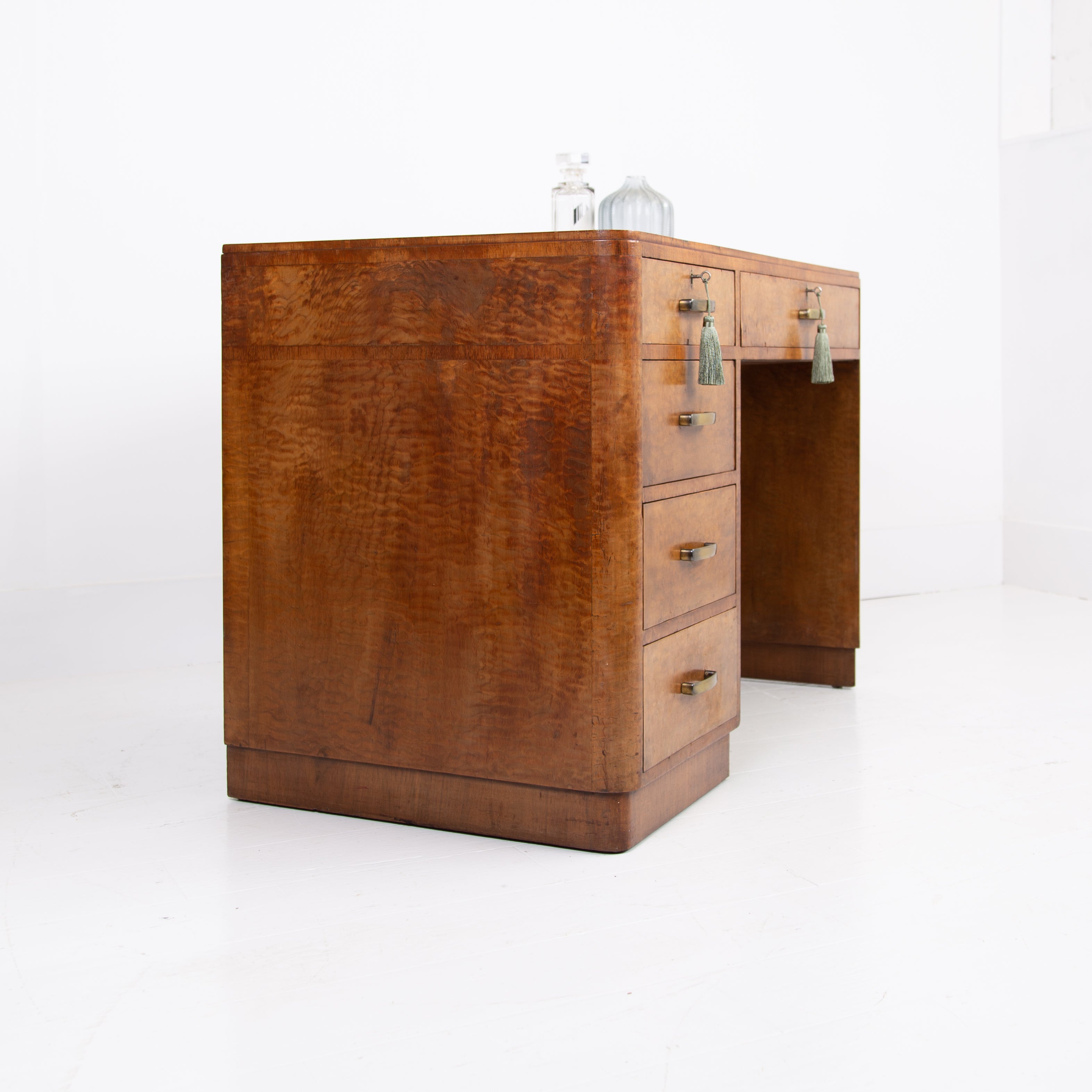 1930s Art Deco Walnut Leather Top 5 Drawer Desk