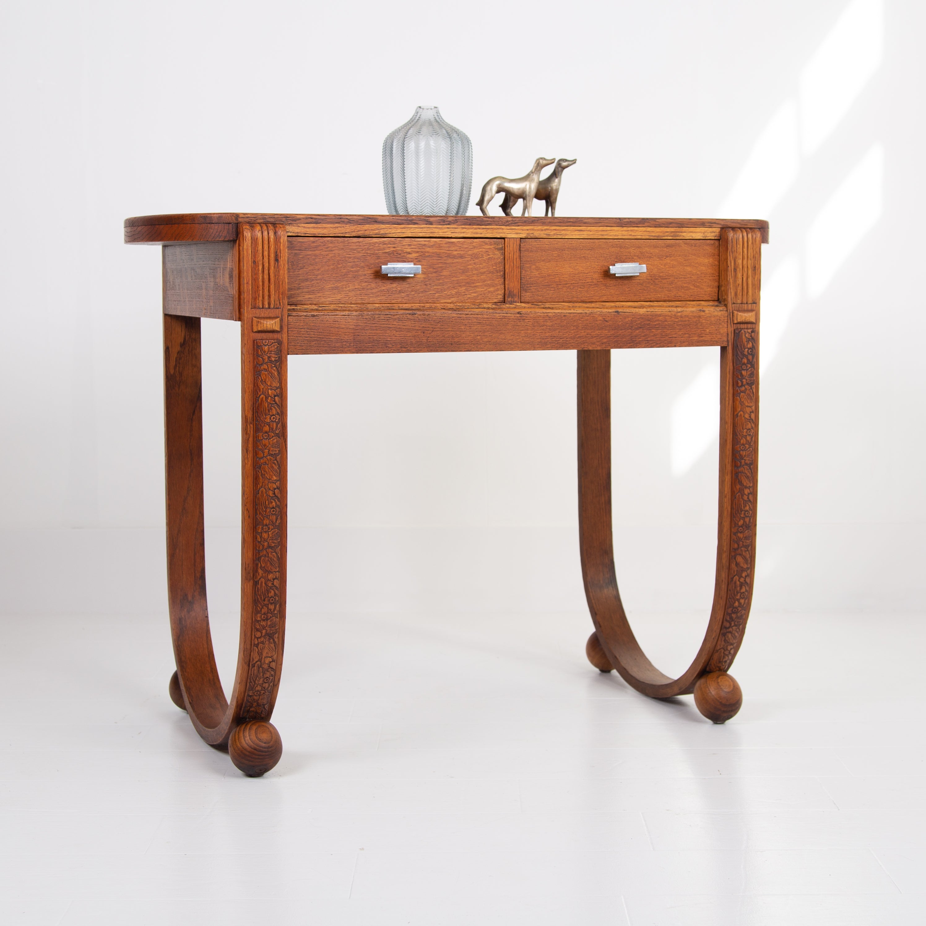Splendid Rare Little Oak Art Deco 2 Drawer Desk Console C1930