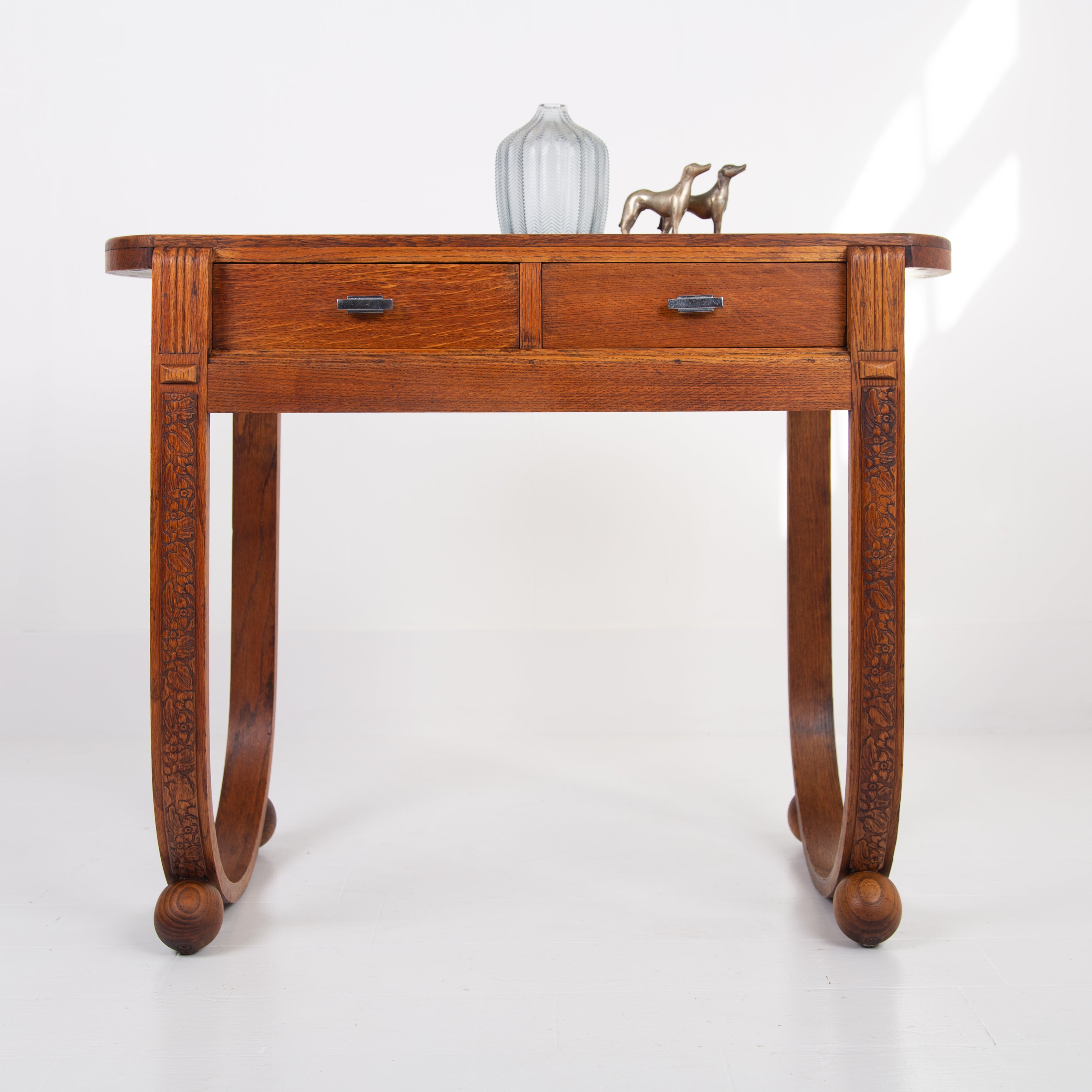 Splendid Rare Little Oak Art Deco 2 Drawer Desk Console C1930