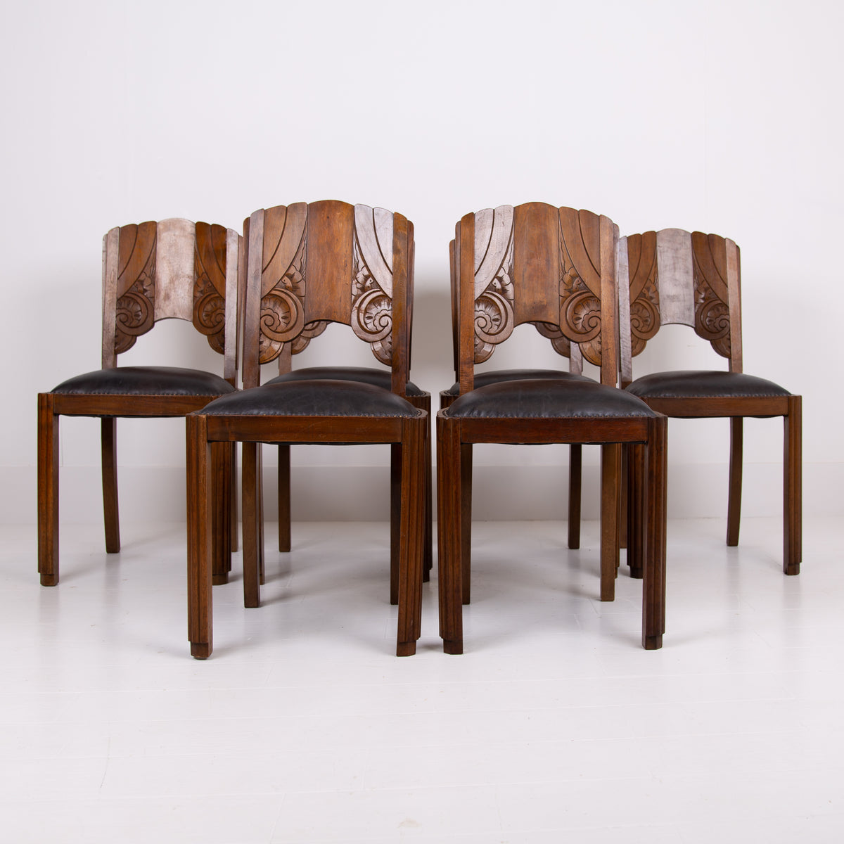 Set of 6 Art Deco Leather Seated Walnut Dining Chairs C1930