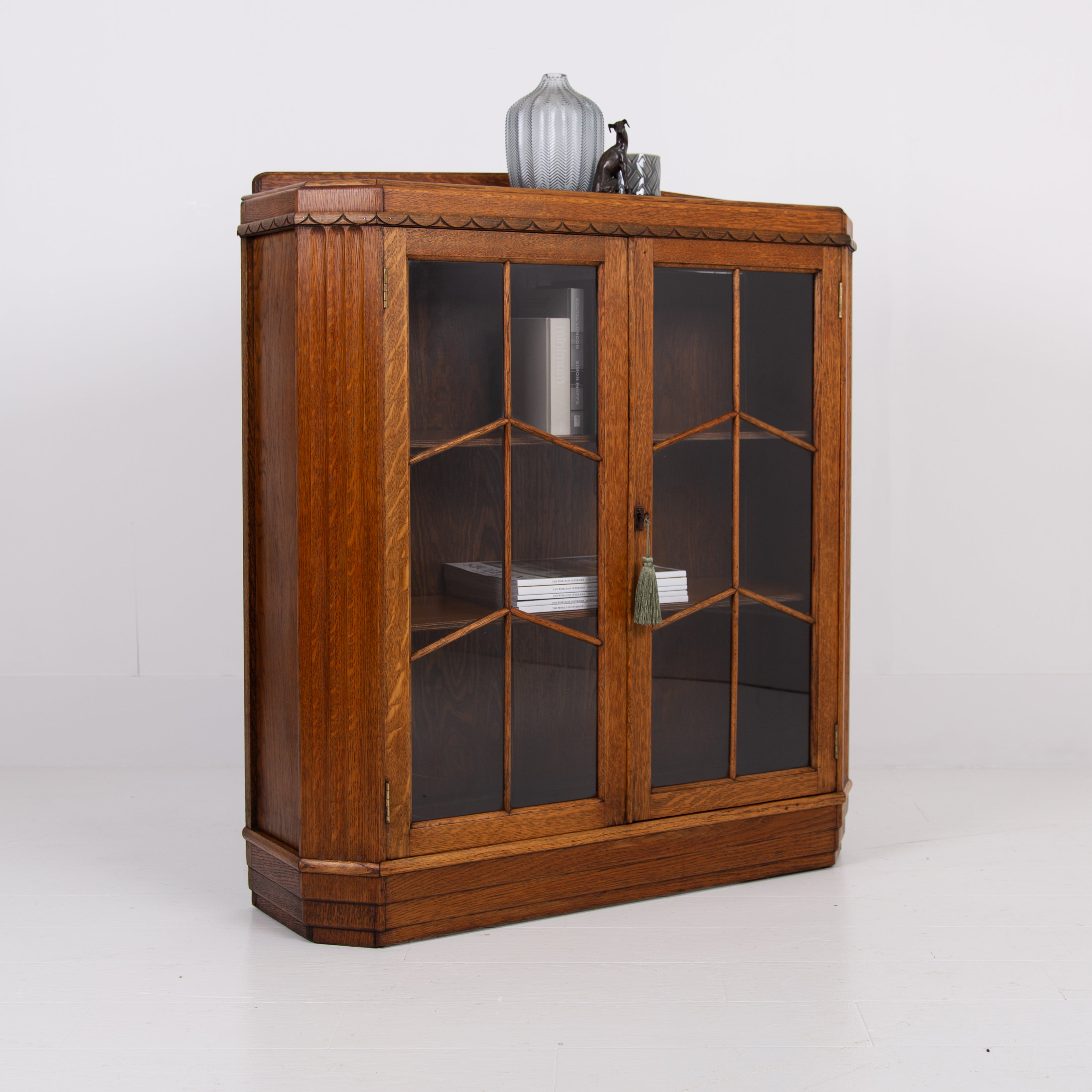 Art Deco Golden Oak Glazed Bookcase Cabinet C1930