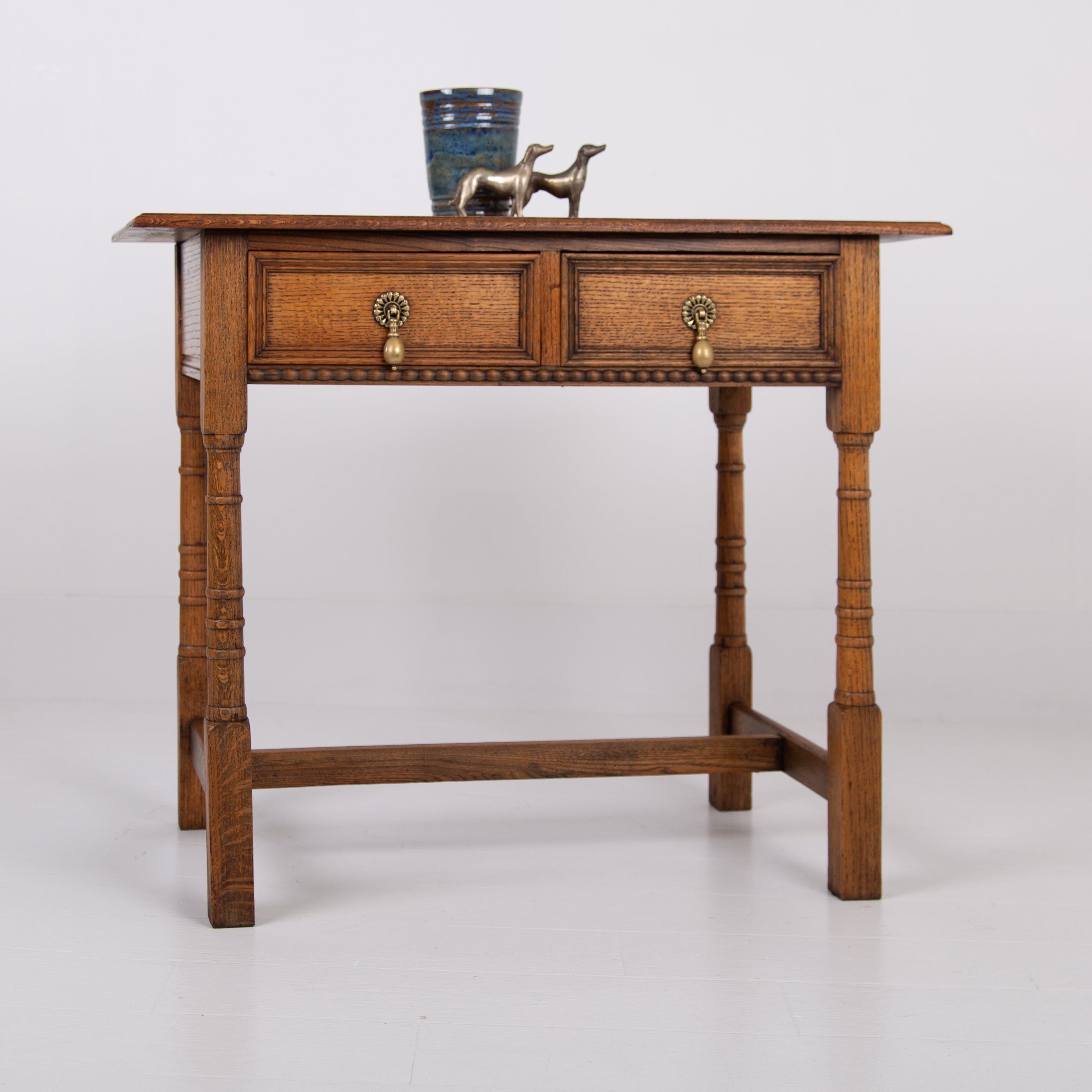 Handsome English Arts and Crafts Oak 2 Drawer Side Table C1920