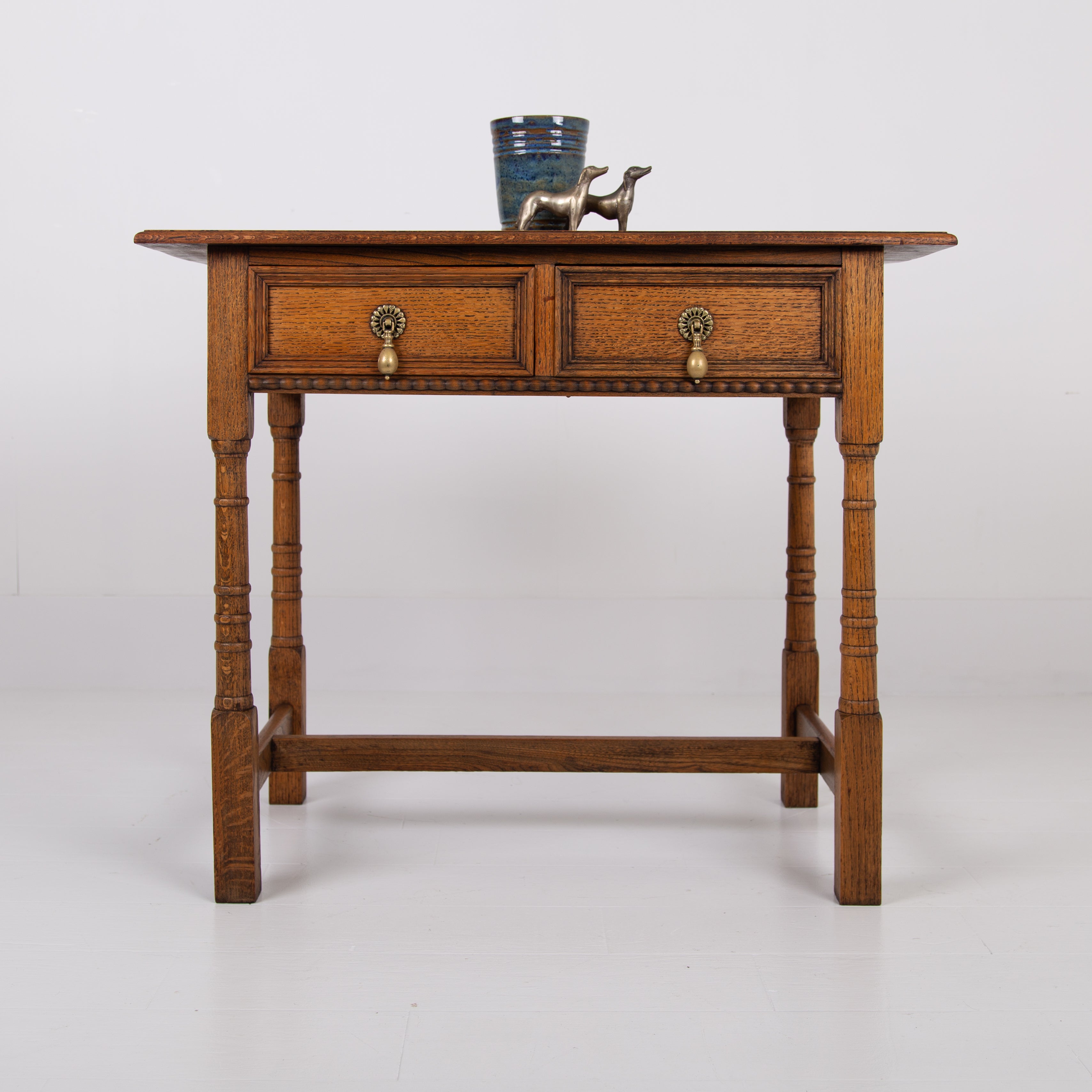 Handsome English Arts and Crafts Oak 2 Drawer Side Table C1920