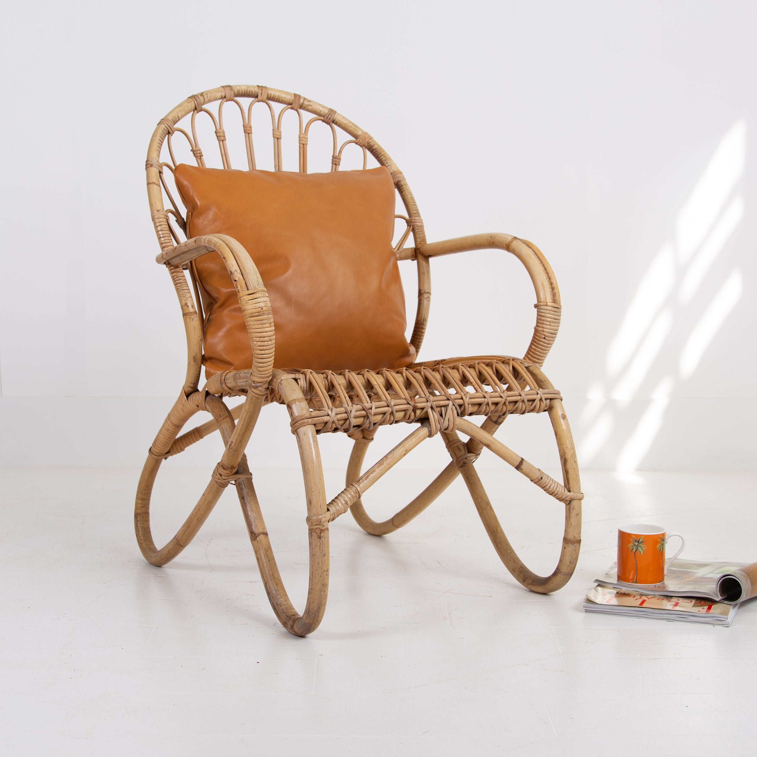Mid Century Vintage Bamboo Armchair with Leather Cushion