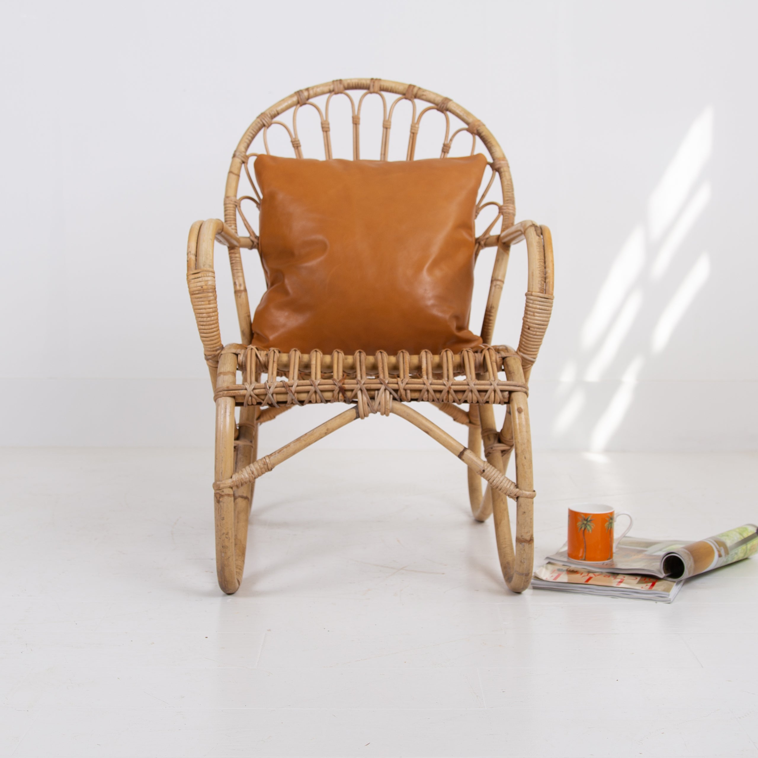 Mid Century Vintage Bamboo Armchair with Leather Cushion