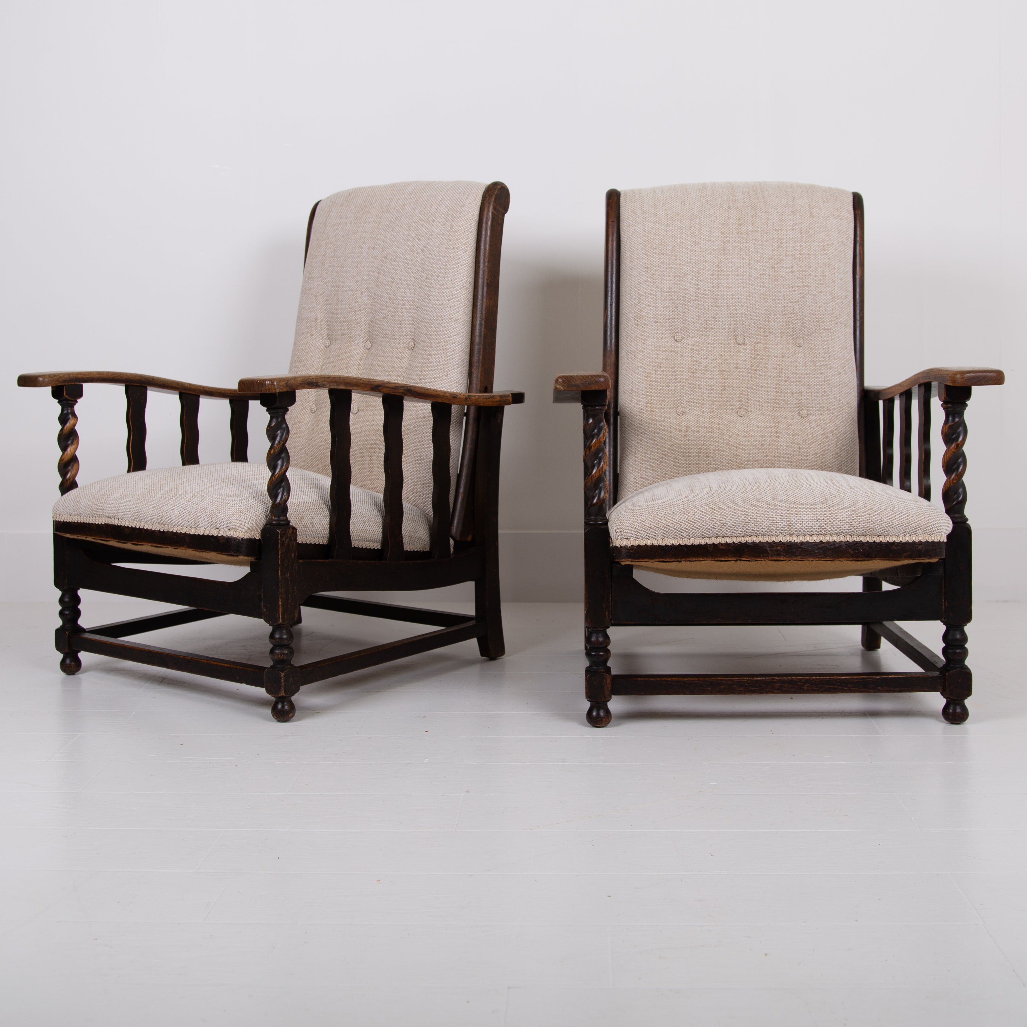 Pair of Reclining Oak Armchairs New Upholstery C1915