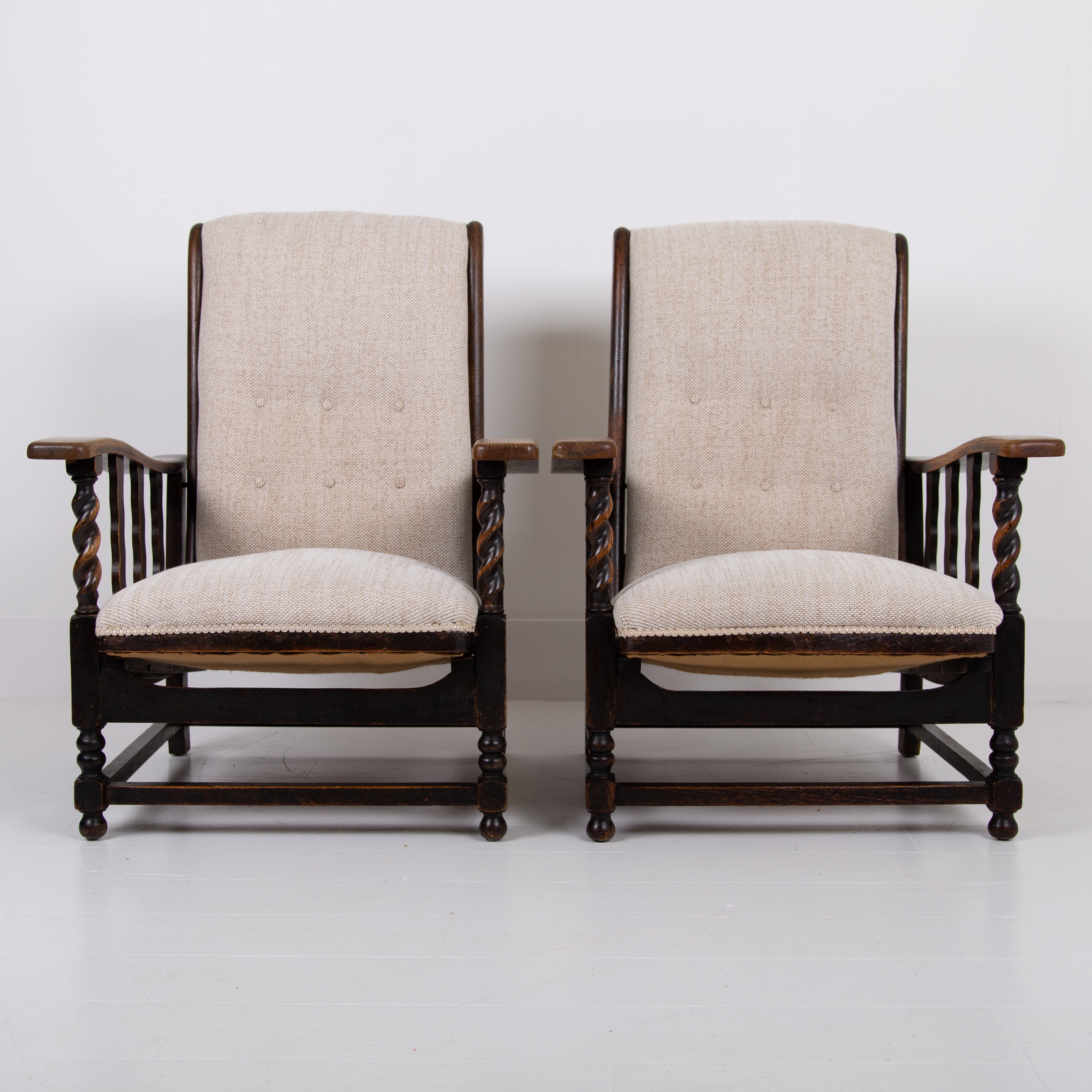 Pair of Reclining Oak Armchairs New Upholstery C1915