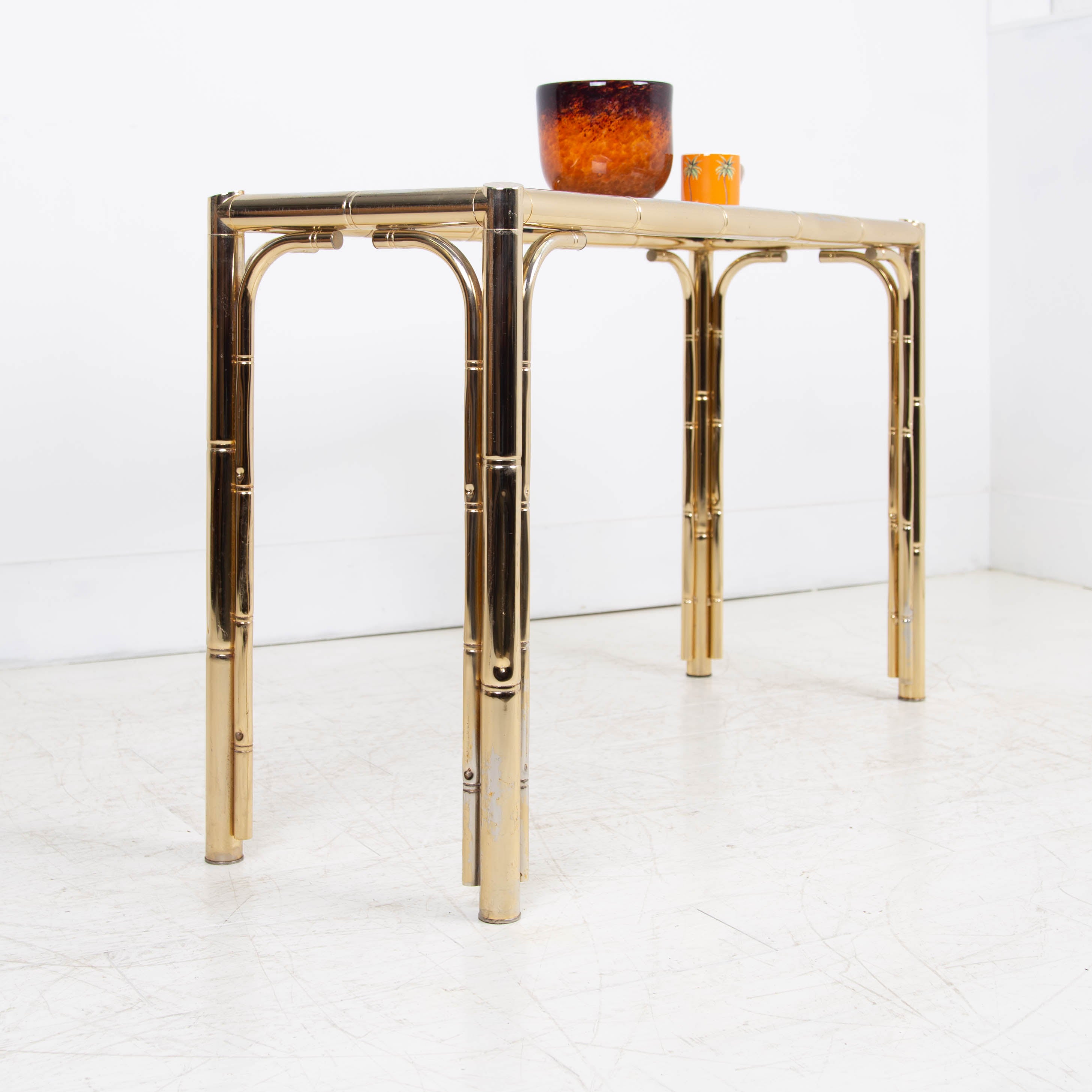 Mid Century Brass Faux Bamboo Console Table