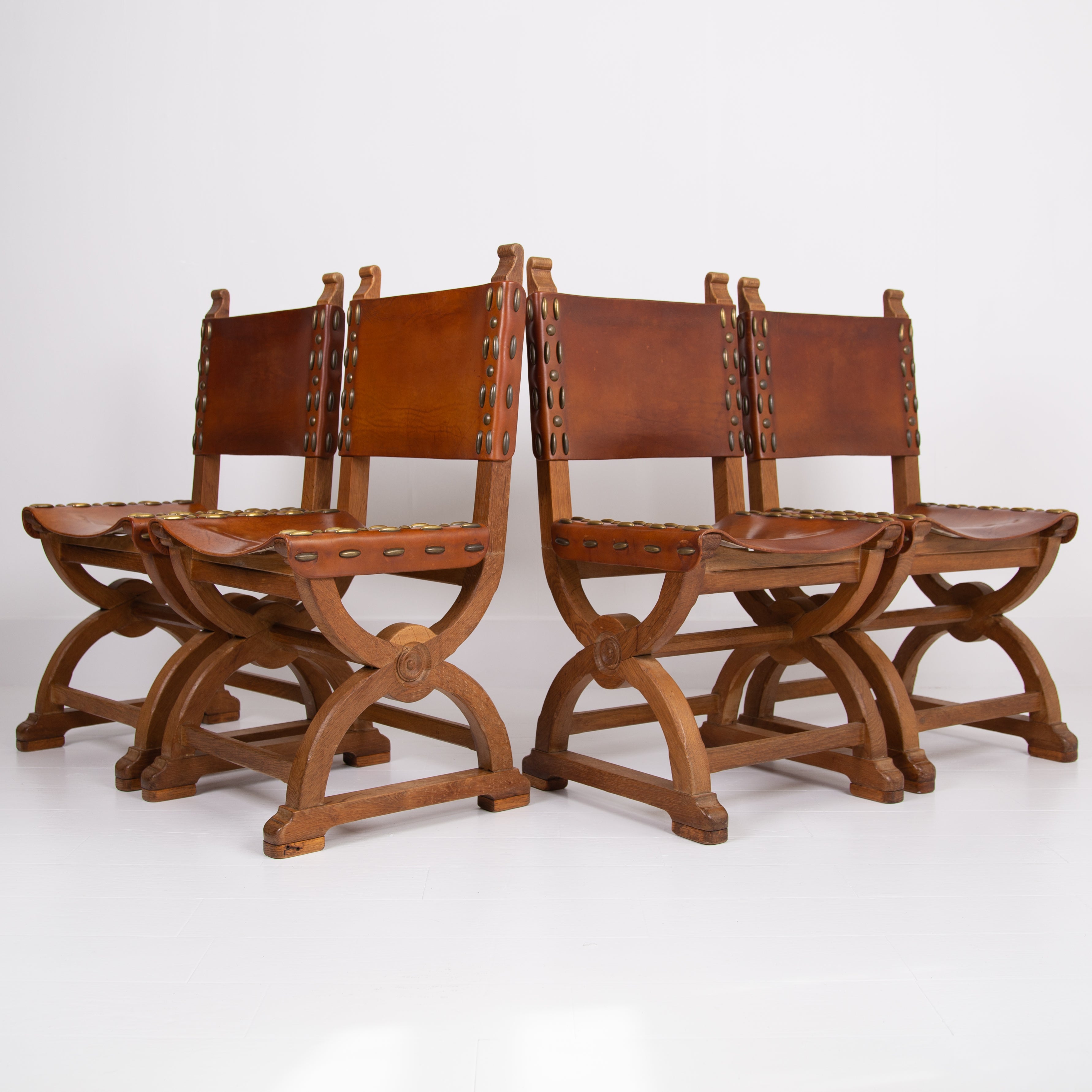 Pair Spanish Oak Brutalist Mid Century Chairs x2