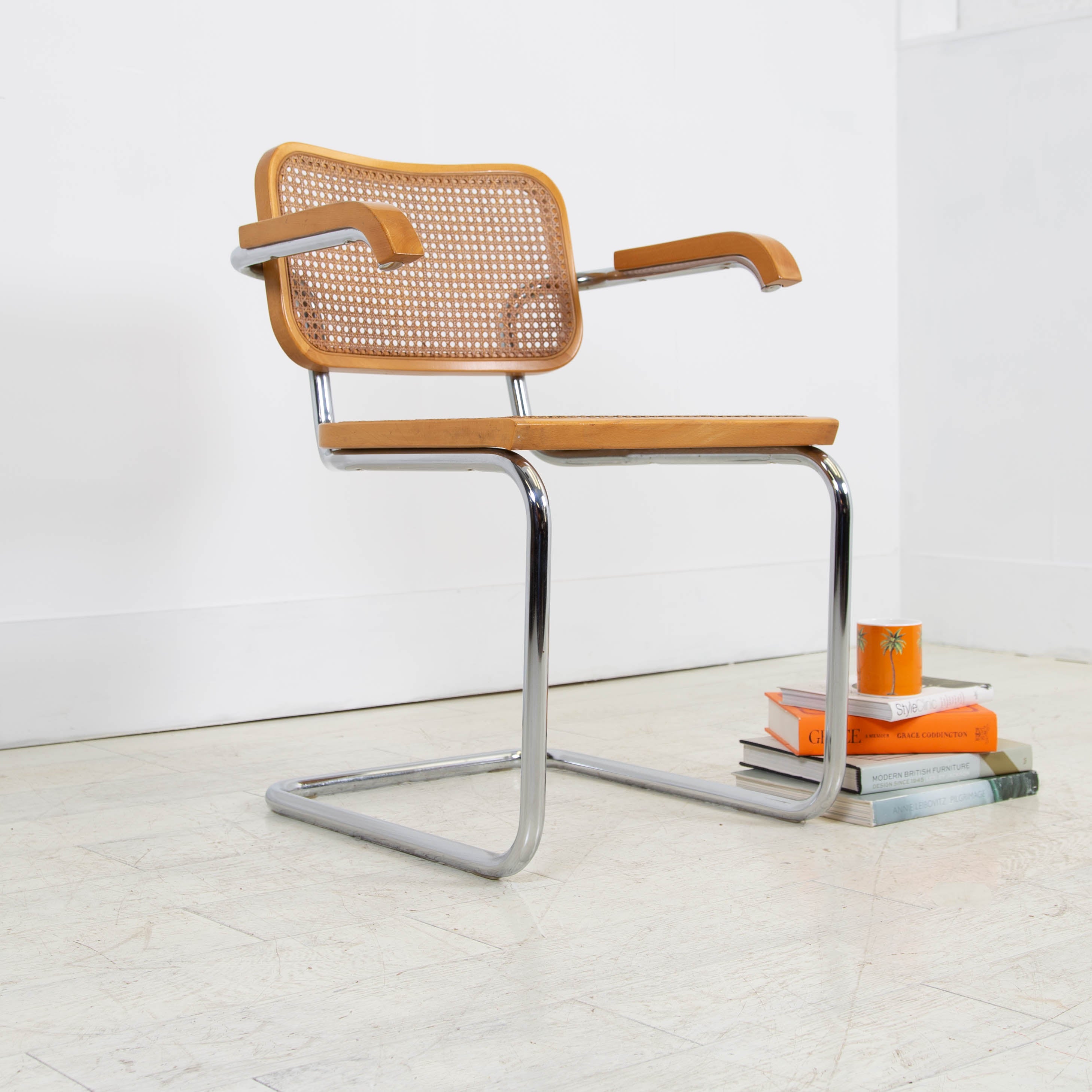 Marcel Breuer Style Cane and Chrome Armchair by Cidue C1970