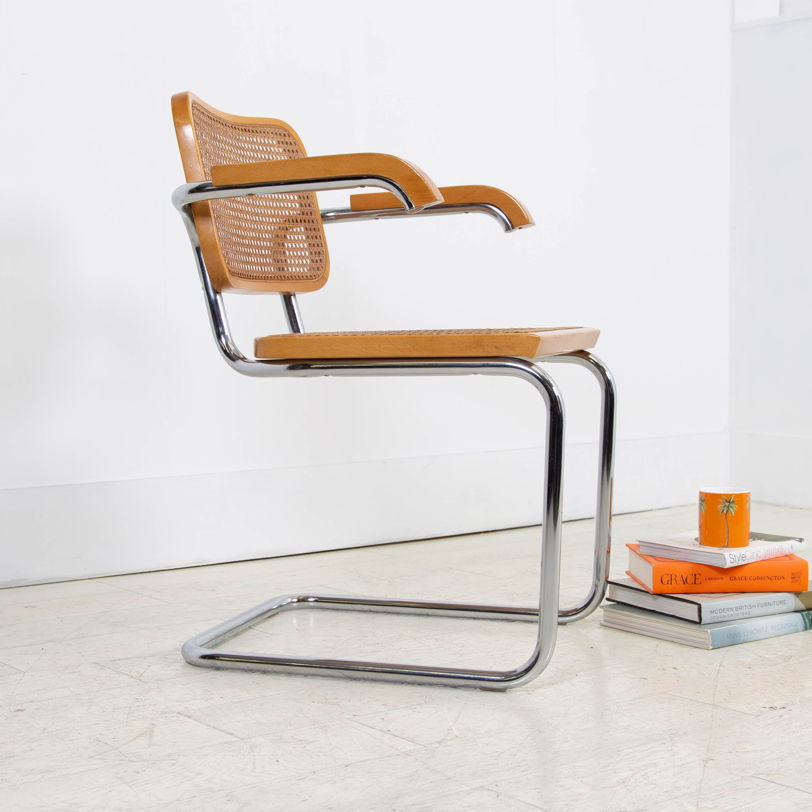 Marcel Breuer Style Cane and Chrome Armchair by Cidue C1970