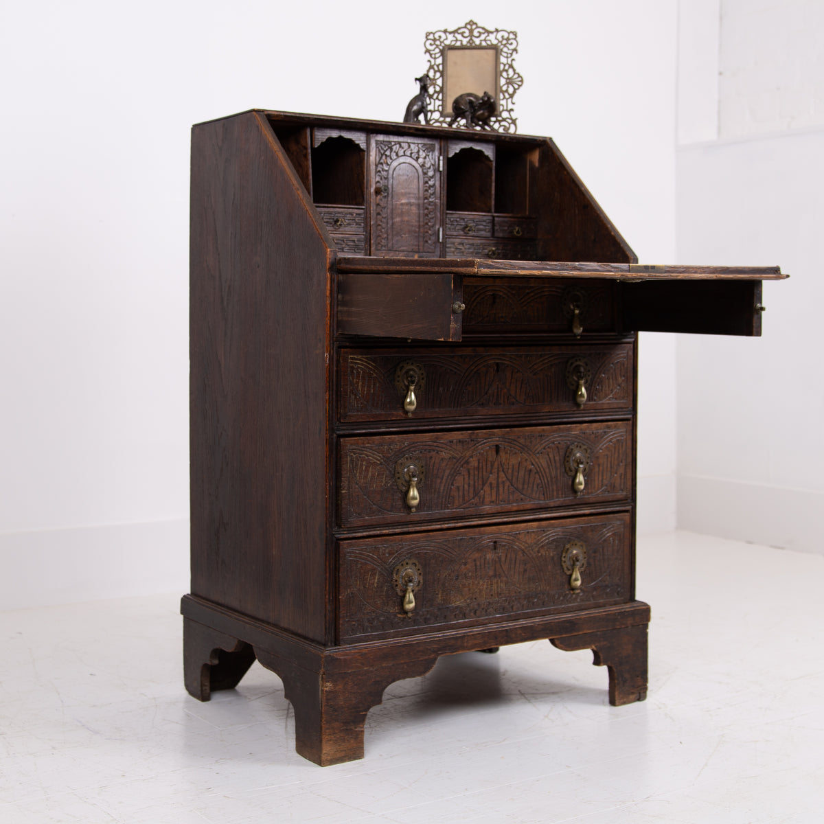 Highly Decorative Victorian 4 Drawer Oak Bureau 1890