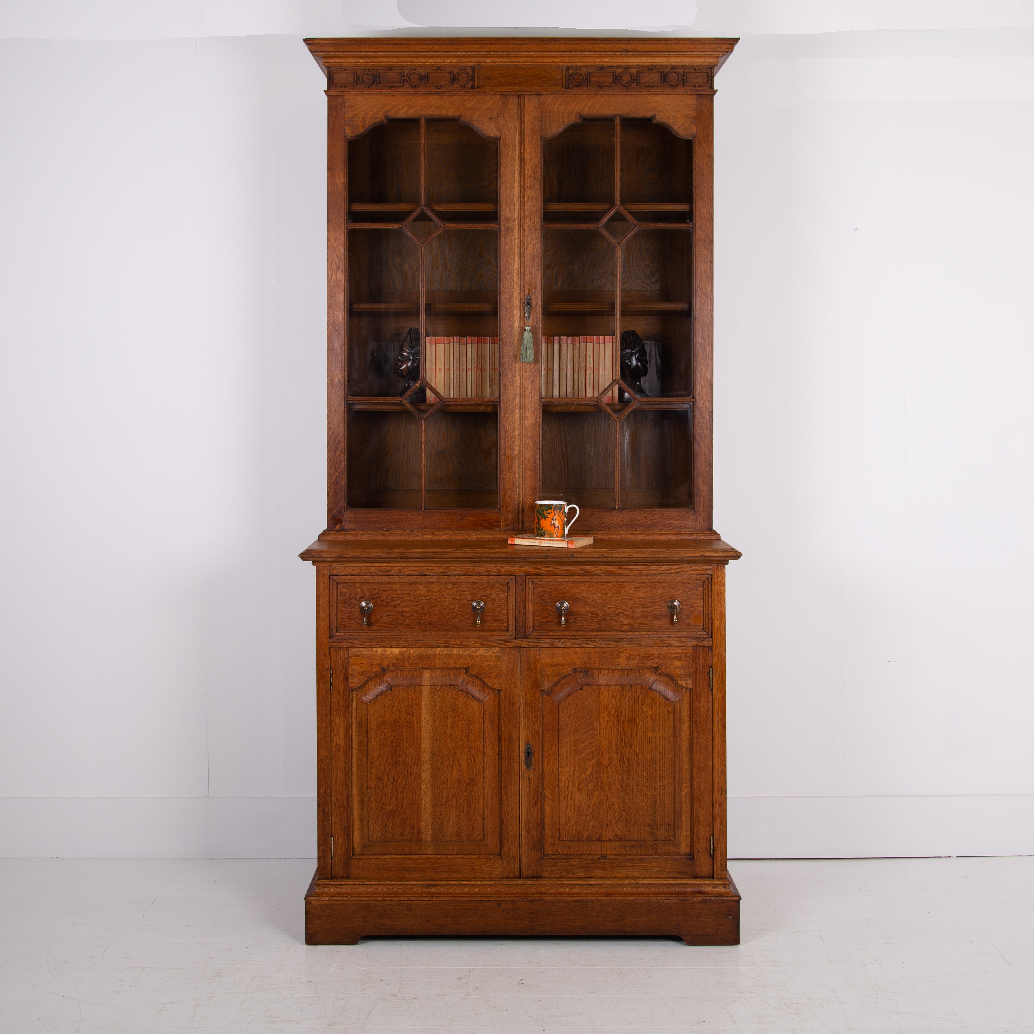 Superior Antique Oak Glazed Bookcase Cabinet C1910