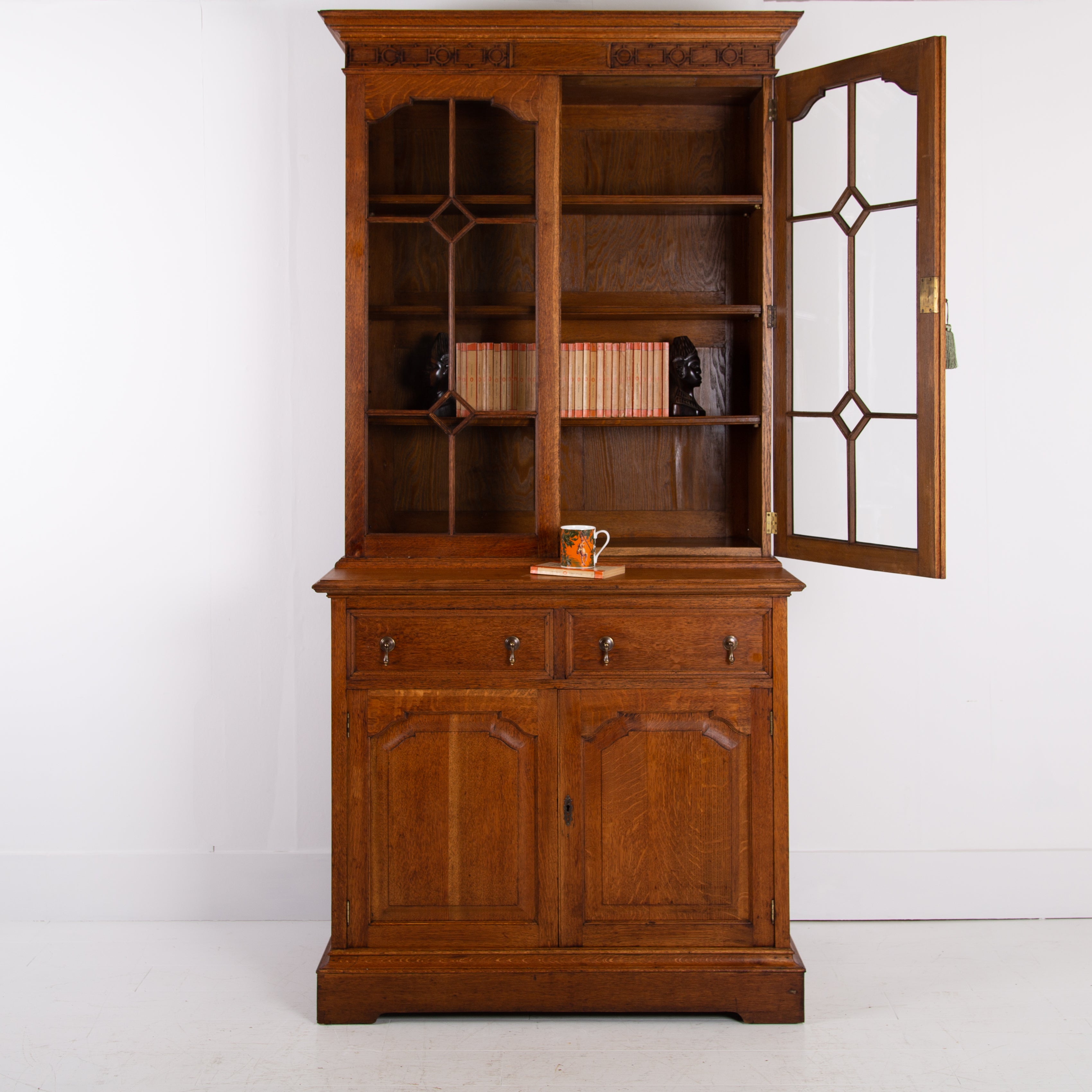 Superior Antique Oak Glazed Bookcase Cabinet C1910