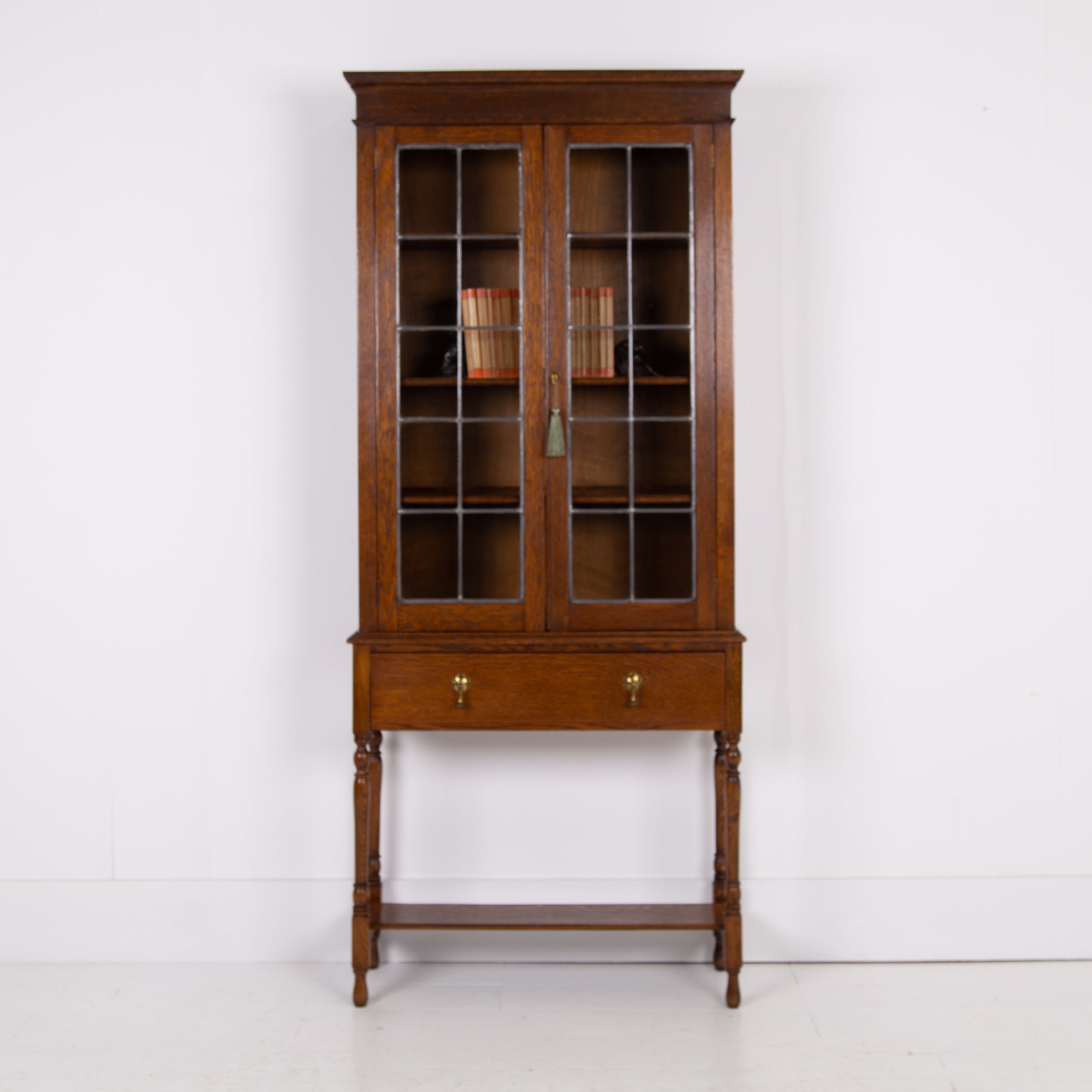 Attractive English Oak Glazed Bookcase with Drawer C1920