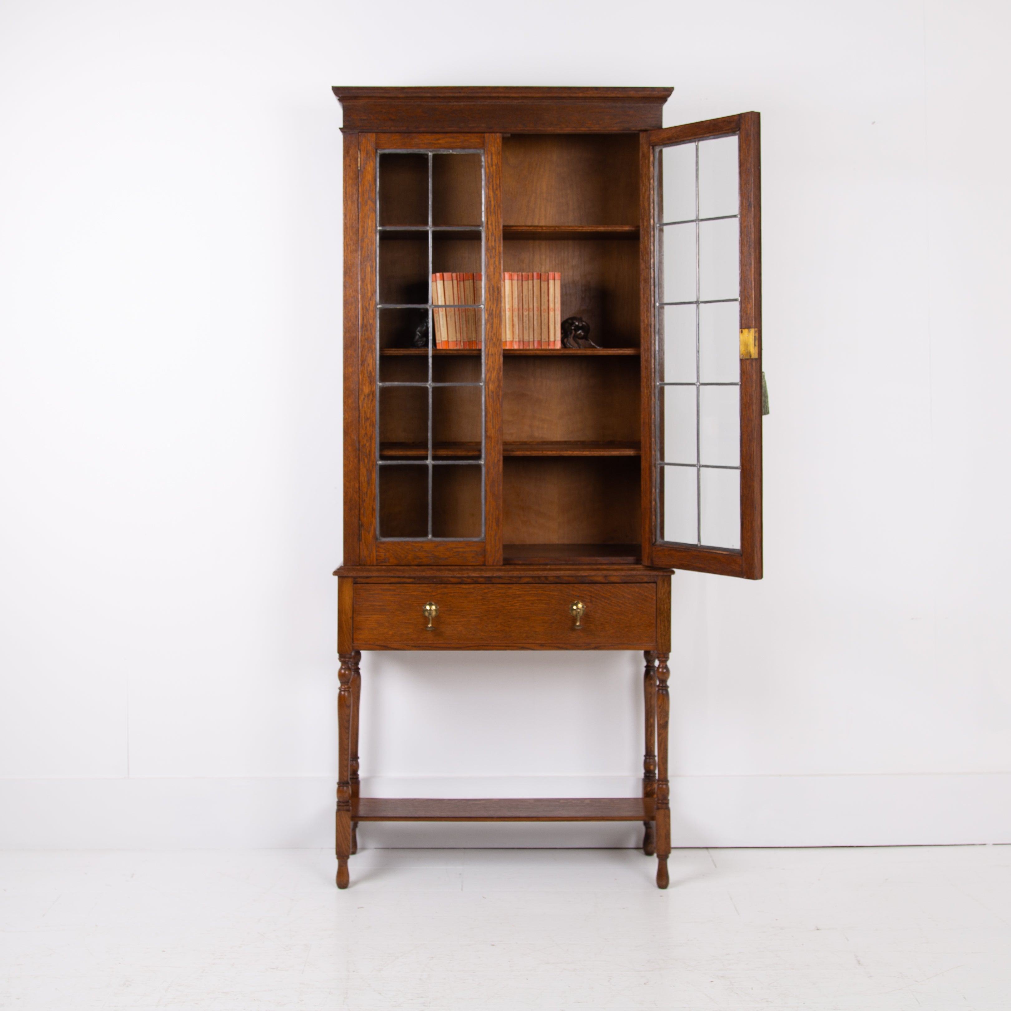 Attractive English Oak Glazed Bookcase with Drawer C1920
