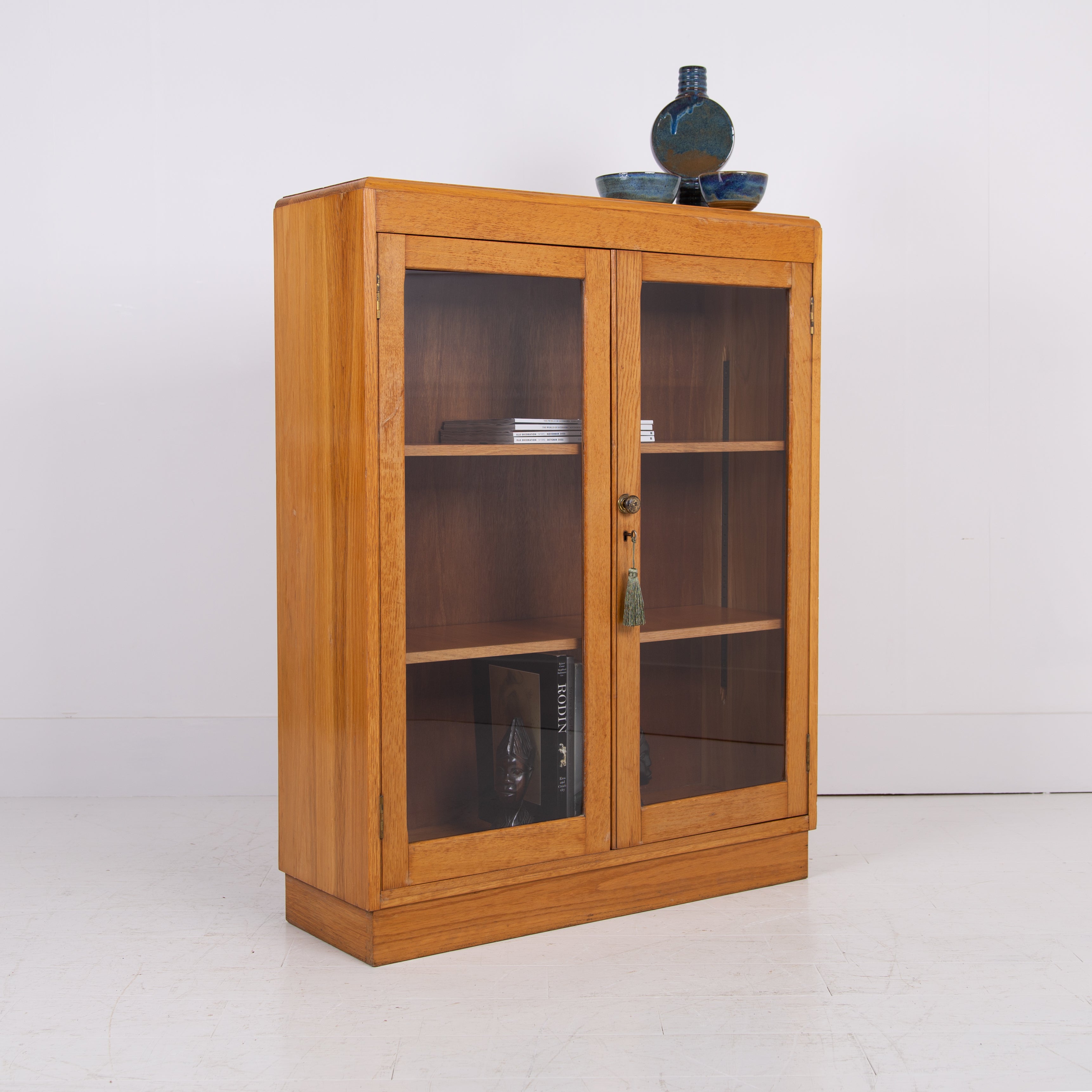 Mid Century Oak Glazed School Cabinet Bookcase