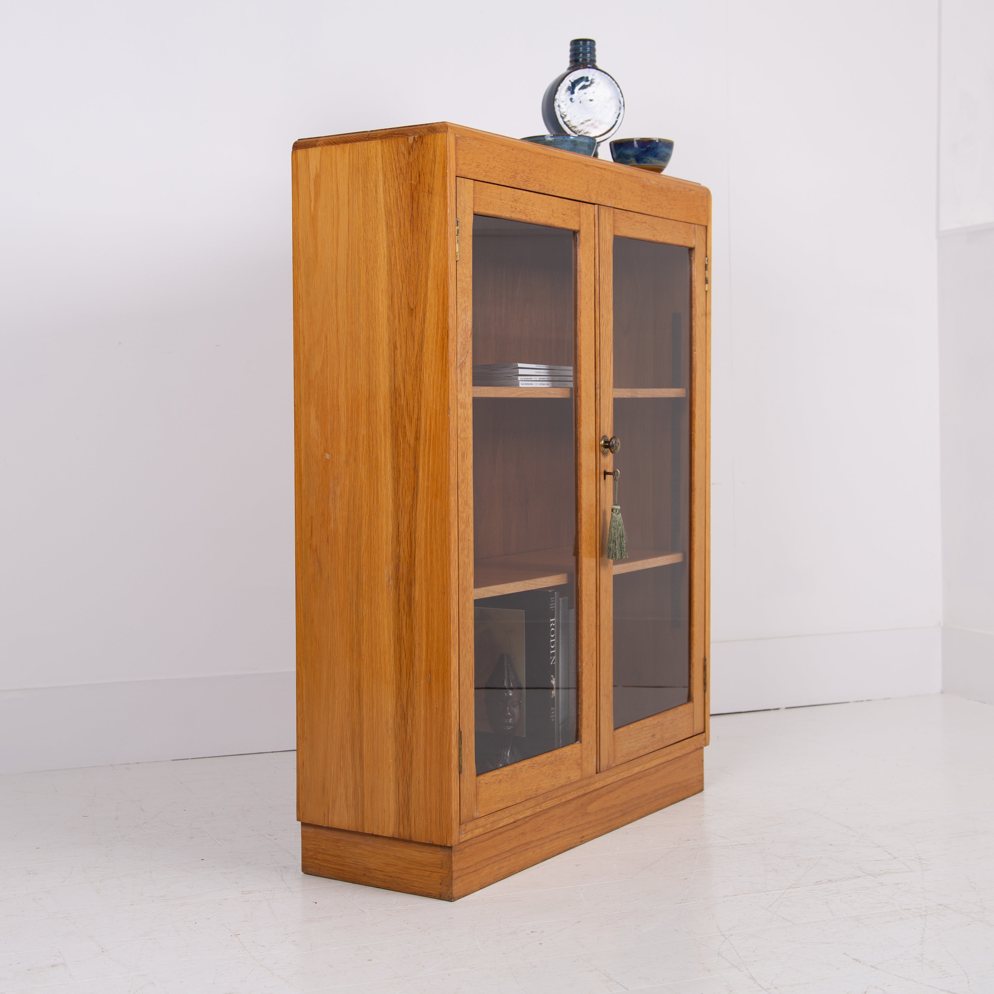 Mid Century Oak Glazed School Cabinet Bookcase