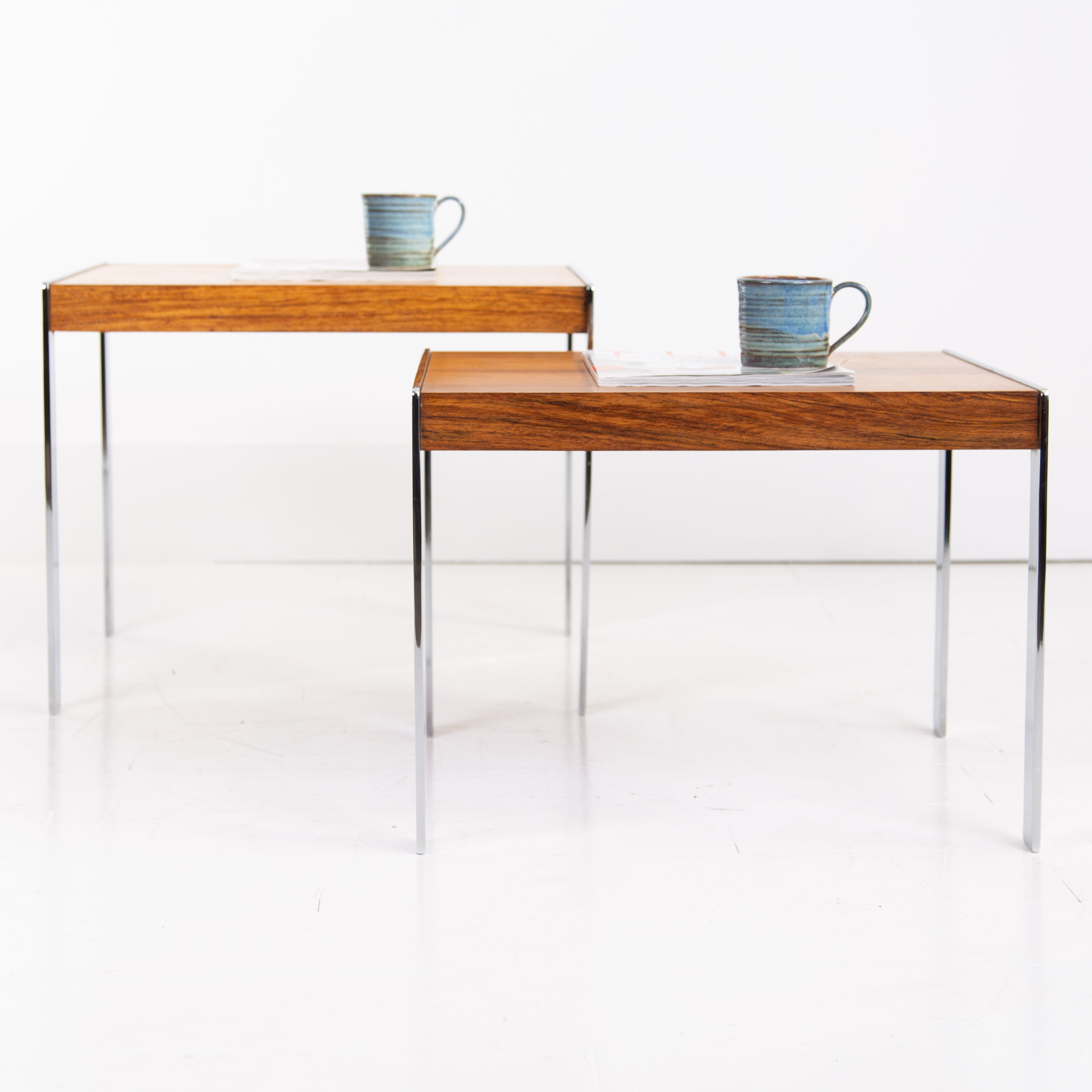 Pair of Merrow Associates Rosewood and Polished Steel Coffee Tables