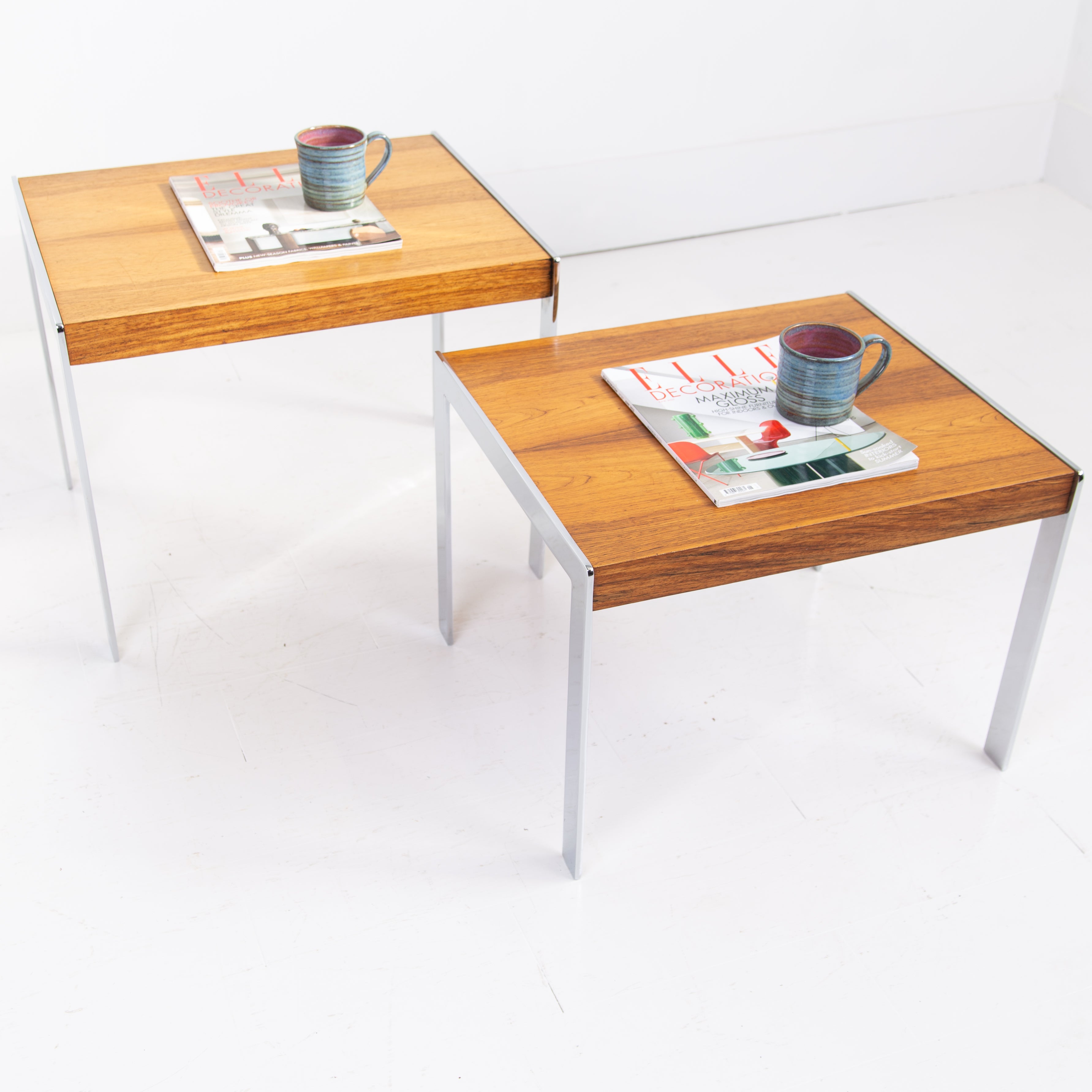 Pair of Merrow Associates Rosewood and Polished Steel Coffee Tables