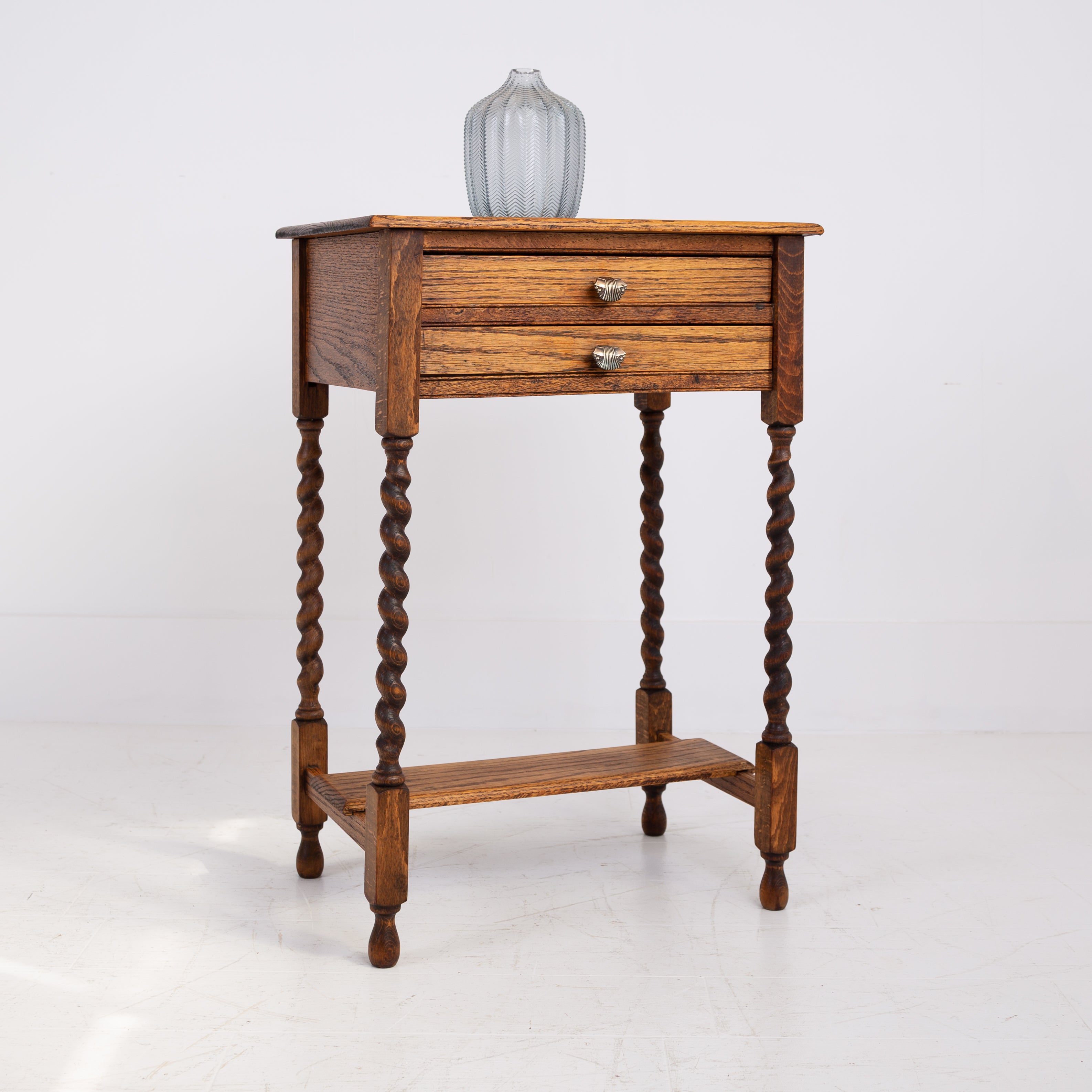 Charming Little Oak 2 Drawer Side Table 1920s