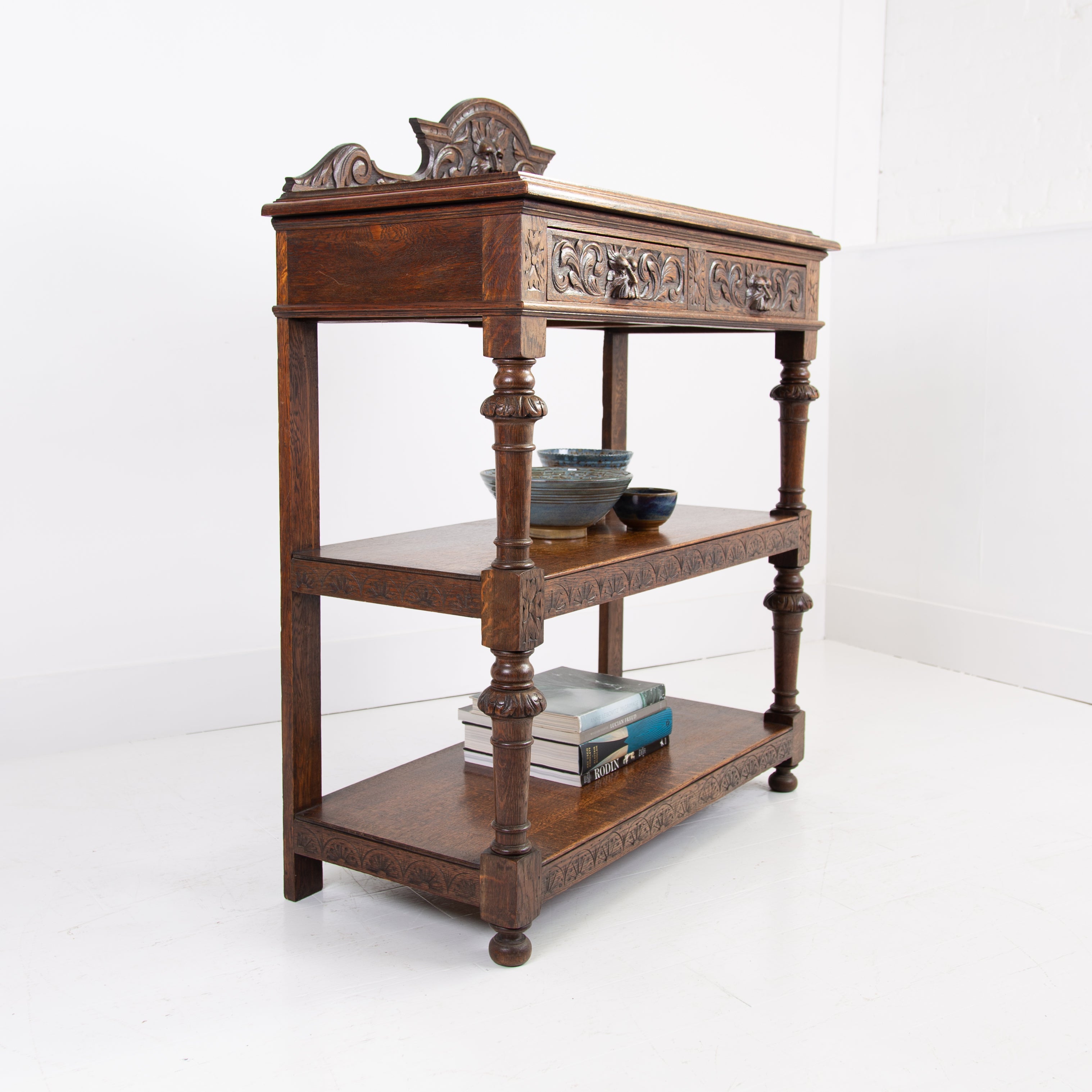 Antique English Victorian Carved Oak Green Man Buffet / Server / Sideboard / Dumbwaiter C1880