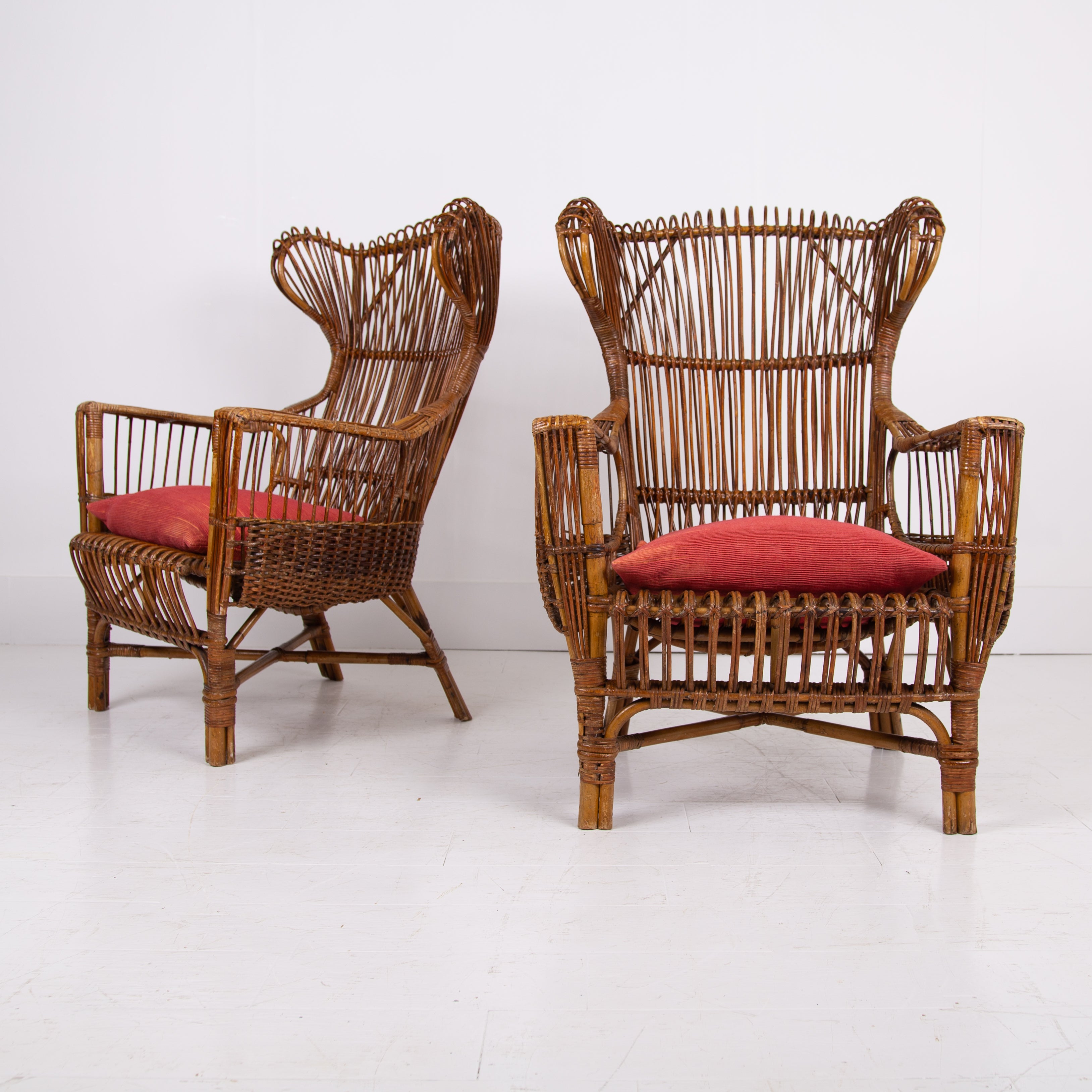 Pair Mid Century Italian Wicker & Bamboo Wingback Armchairs